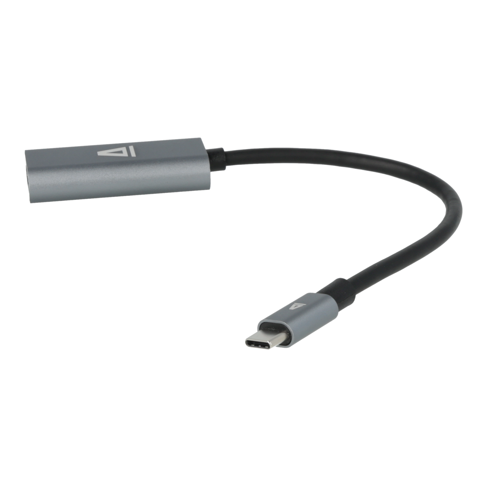 Egy szürke adapter fekete kábellel, C típusú és HDMI csatlakozóval.