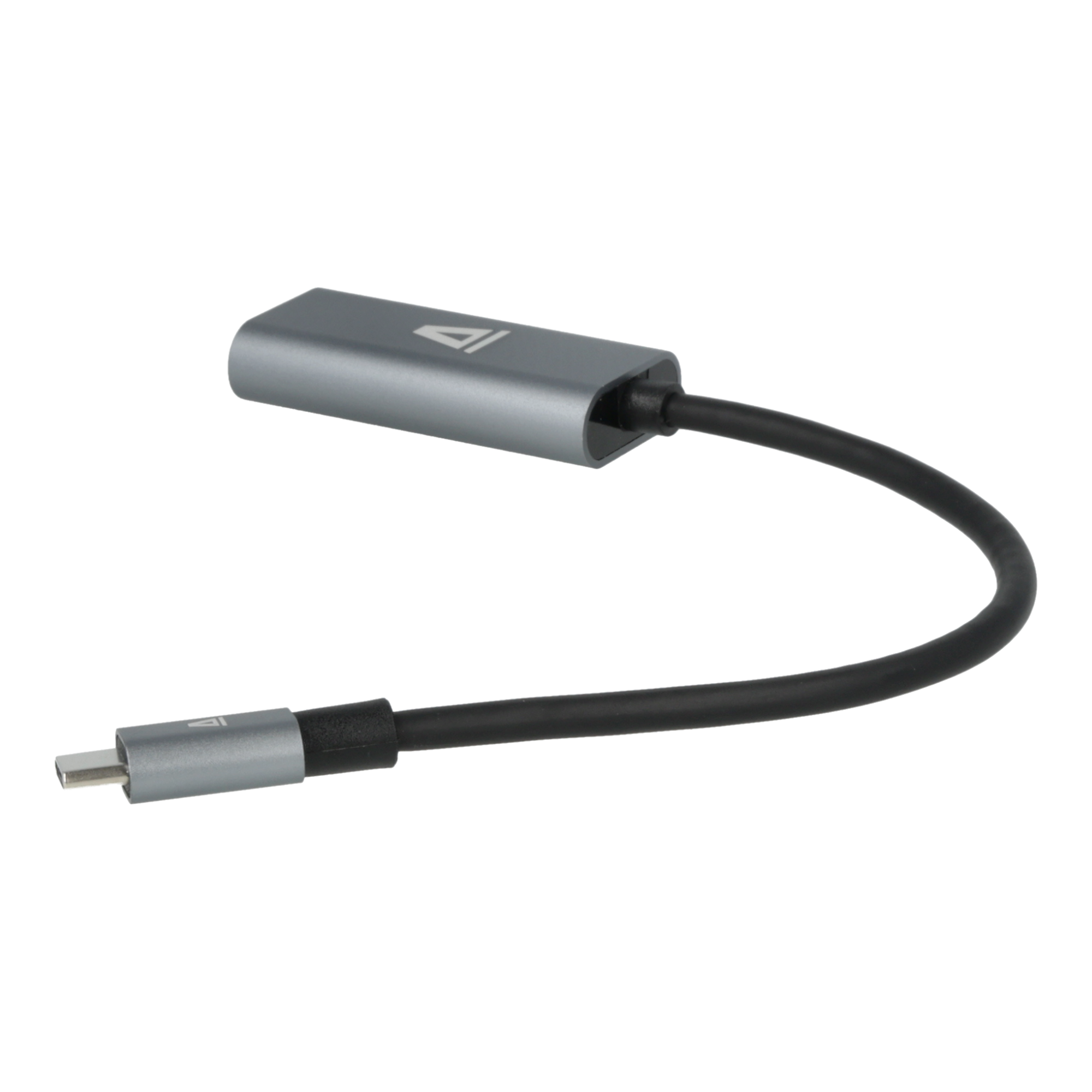 Ezüst színű adapter fekete kábellel. Az adapter Type-C csatlakozóval rendelkezik.
