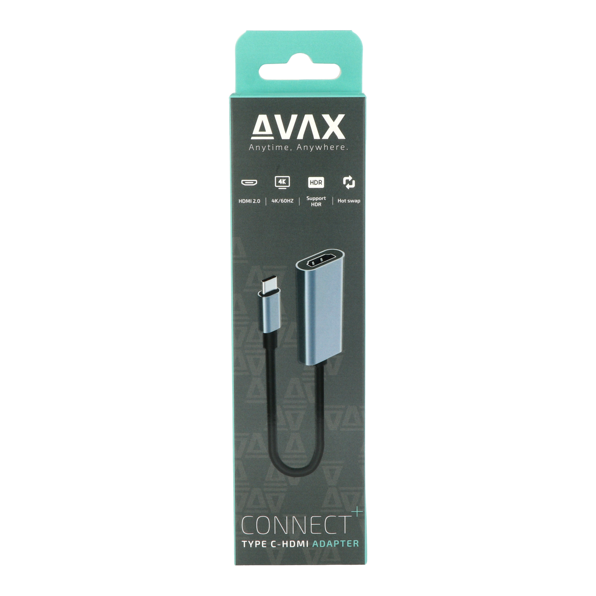 Dobozos Avax Connect+ adapter. Az adapter ezüst, fekete kábellel és Type-C csatlakozóval rendelkezik.