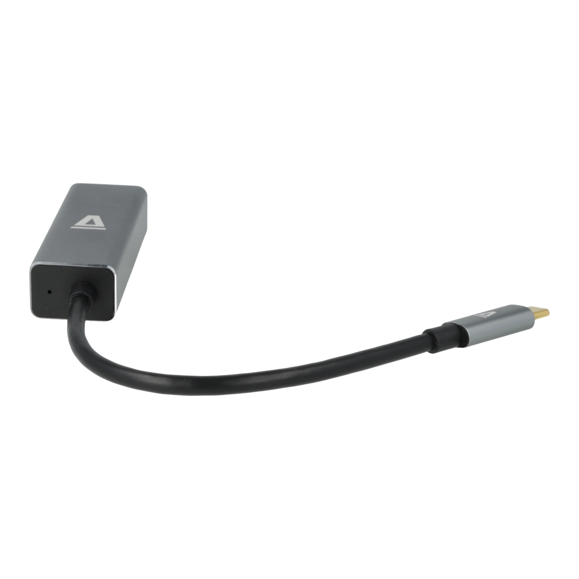 Ezüst adapter fekete kábellel. Type-C és DisplayPort csatlakozóval rendelkezik.