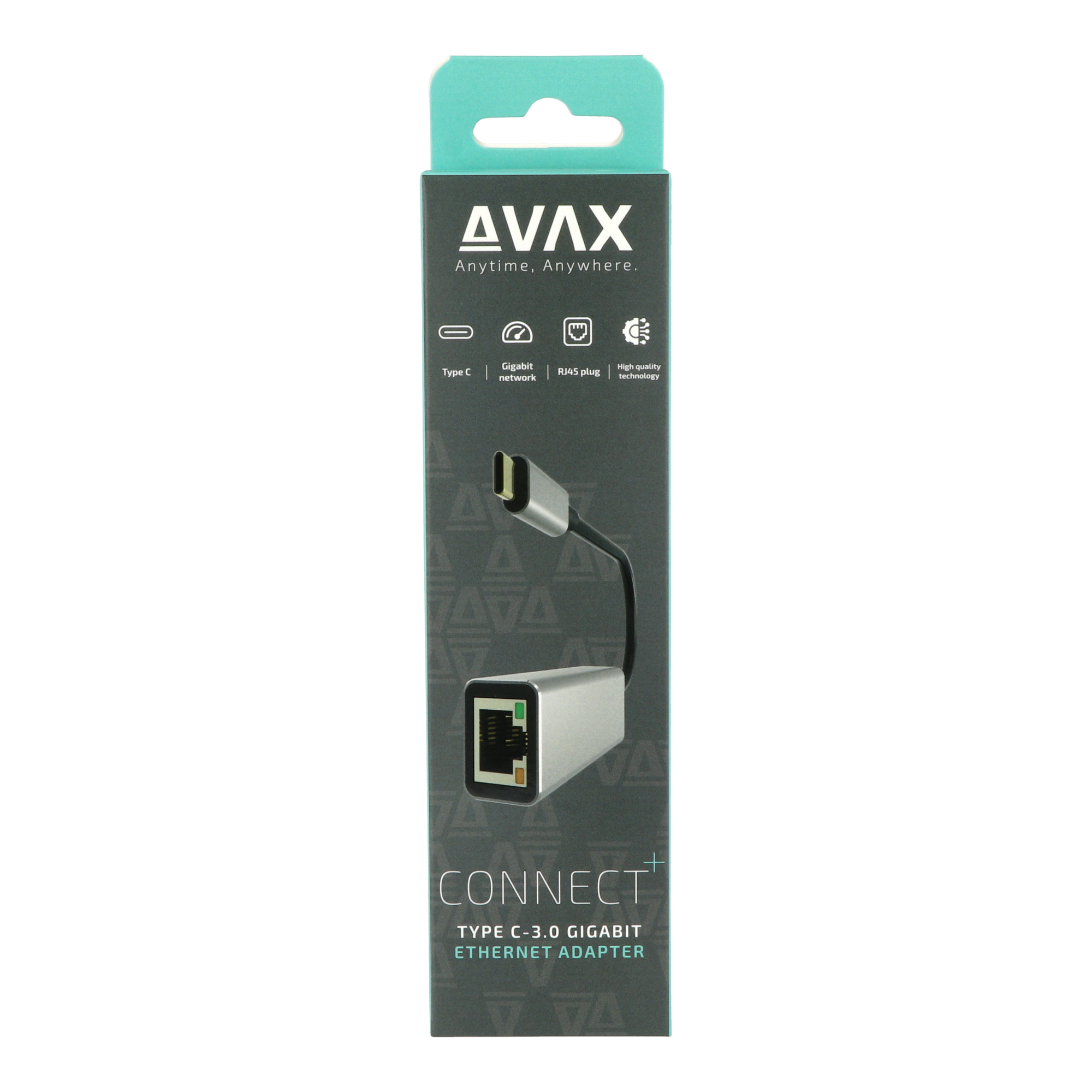 Dobozos Avax Connect+ adapter. Az adapter ezüst, fekete kábellel és Ethernet csatlakozóval rendelkezik.