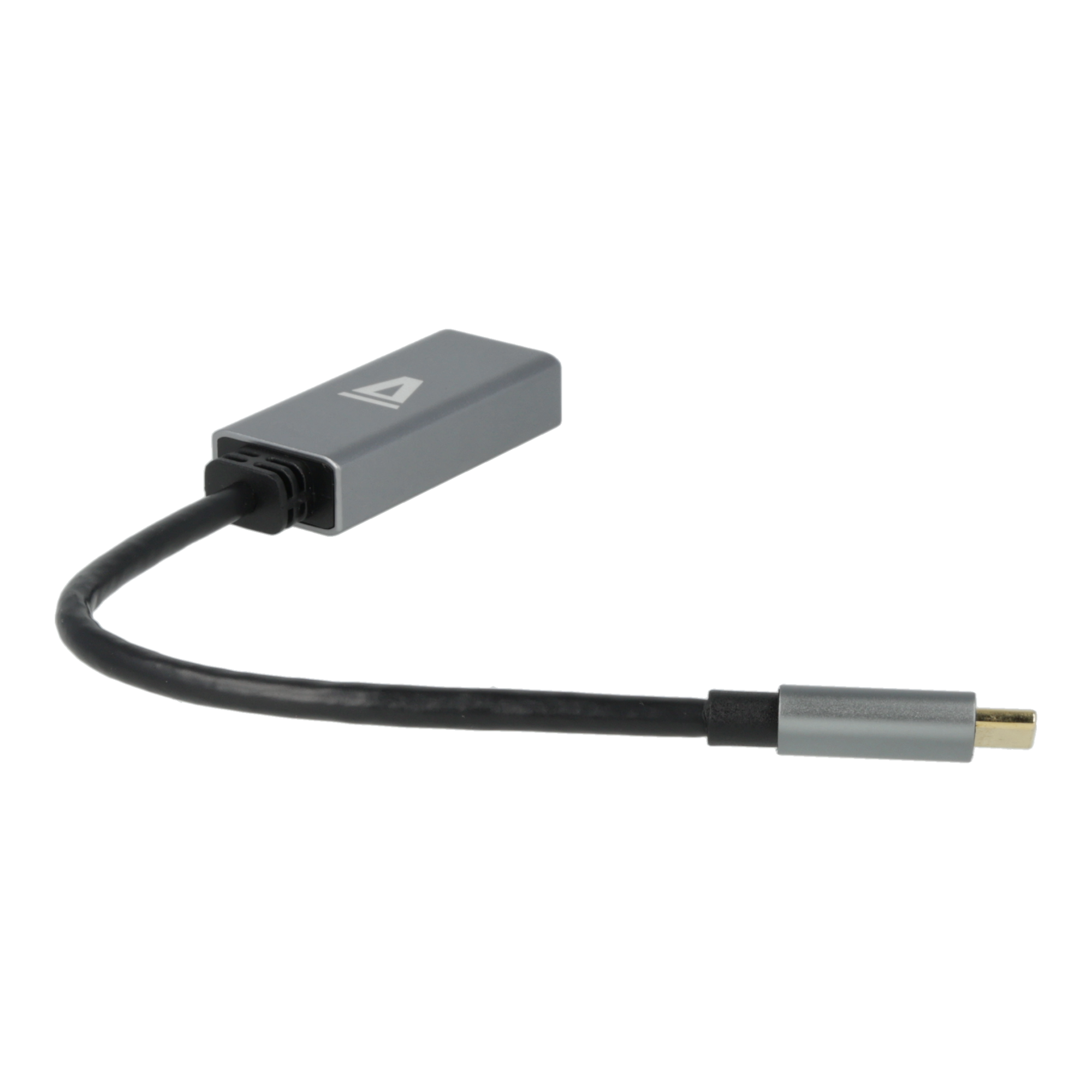 Adapter Type-C és HDMI porttal. Fekete kábel. Sötét háttér.