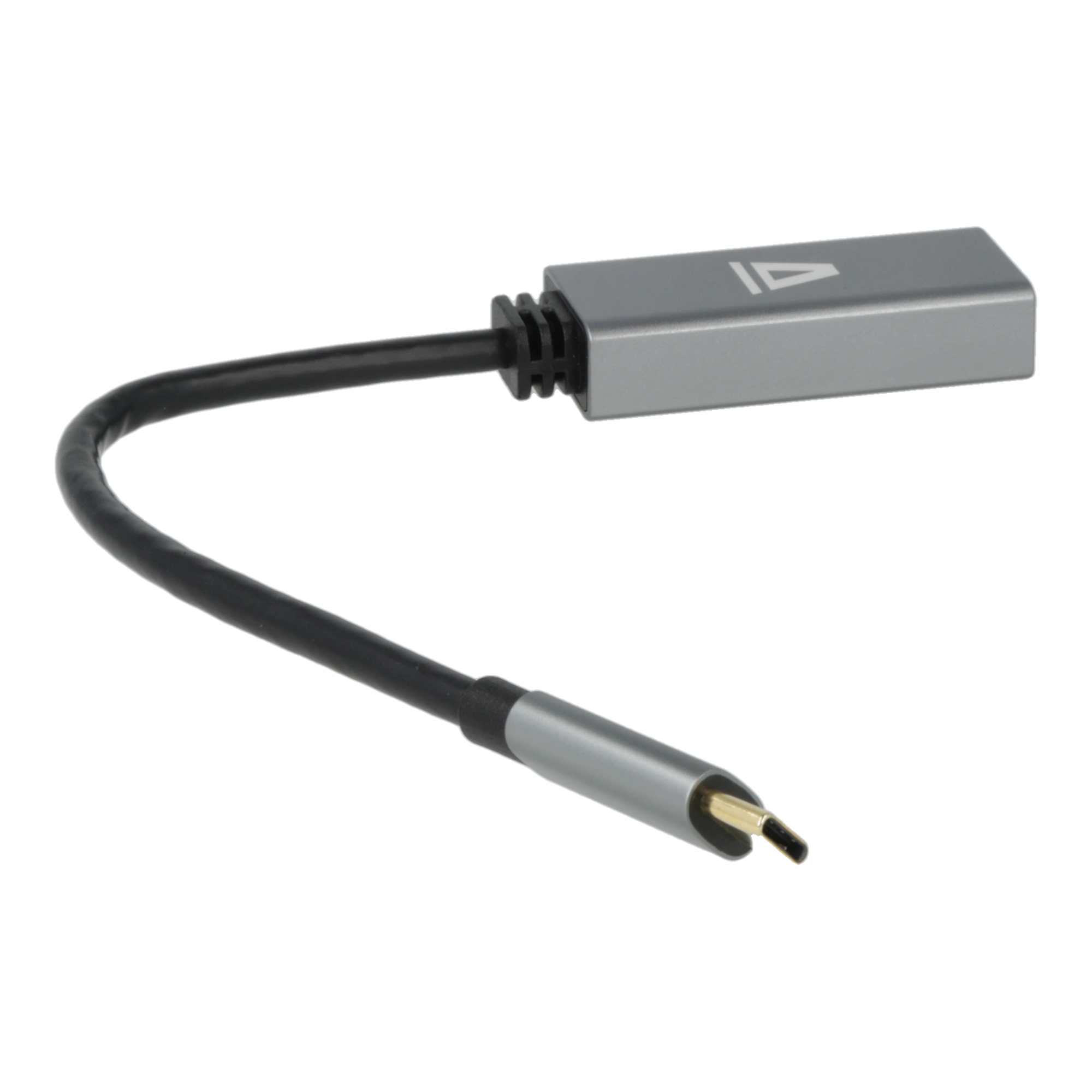 Adapter Type-C és HDMI porttal. Fekete kábel. Sötét háttér.