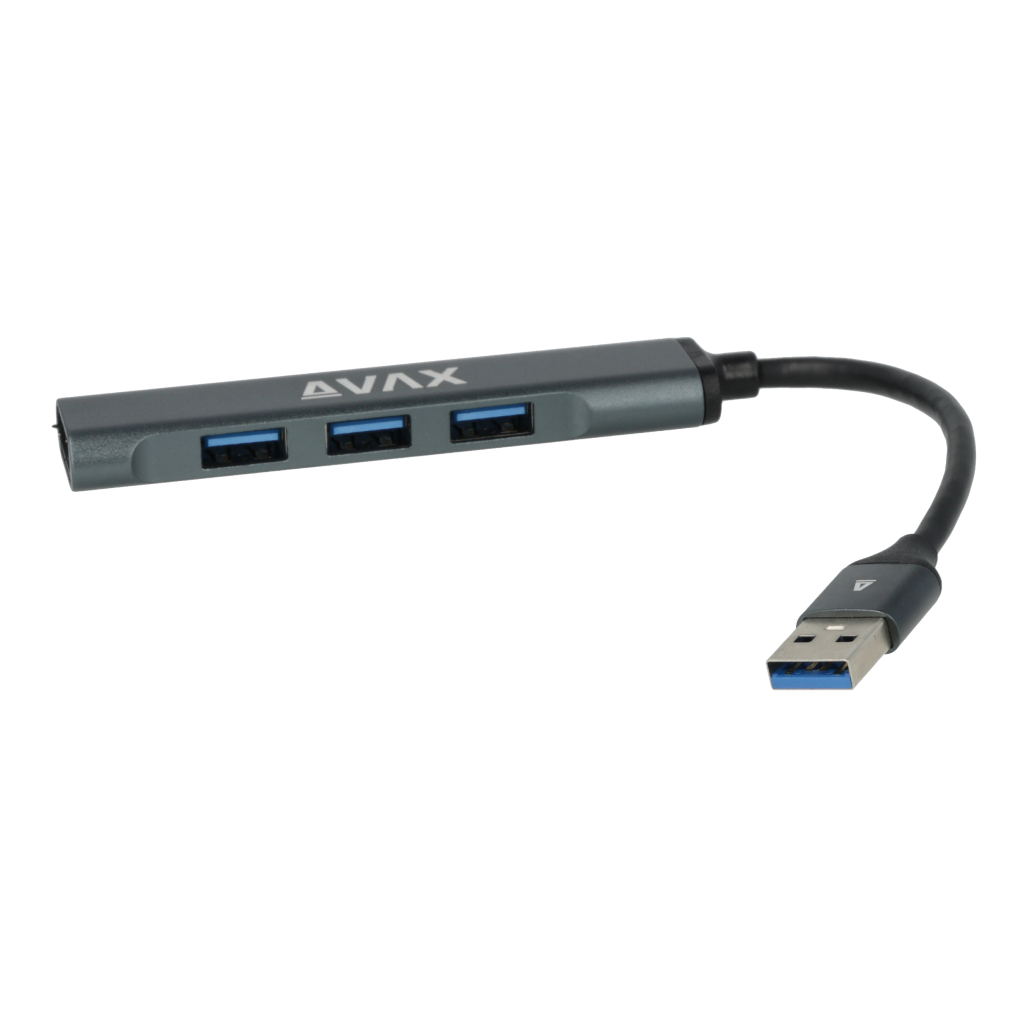 Szürke USB hub 3 USB porttal, USB kábellel és csatlakozóval.