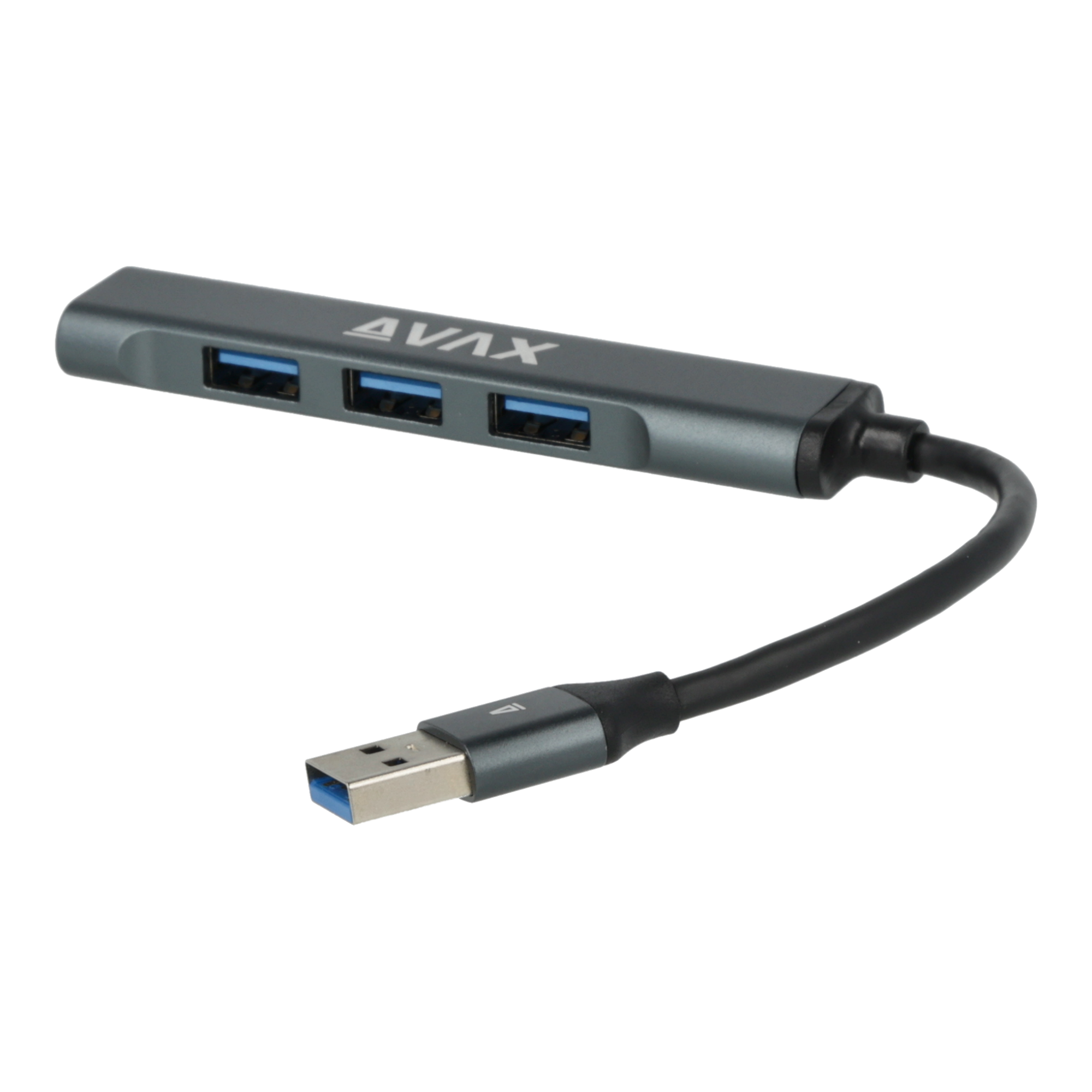 Szürke USB hub 3 USB porttal, USB kábellel és csatlakozóval.