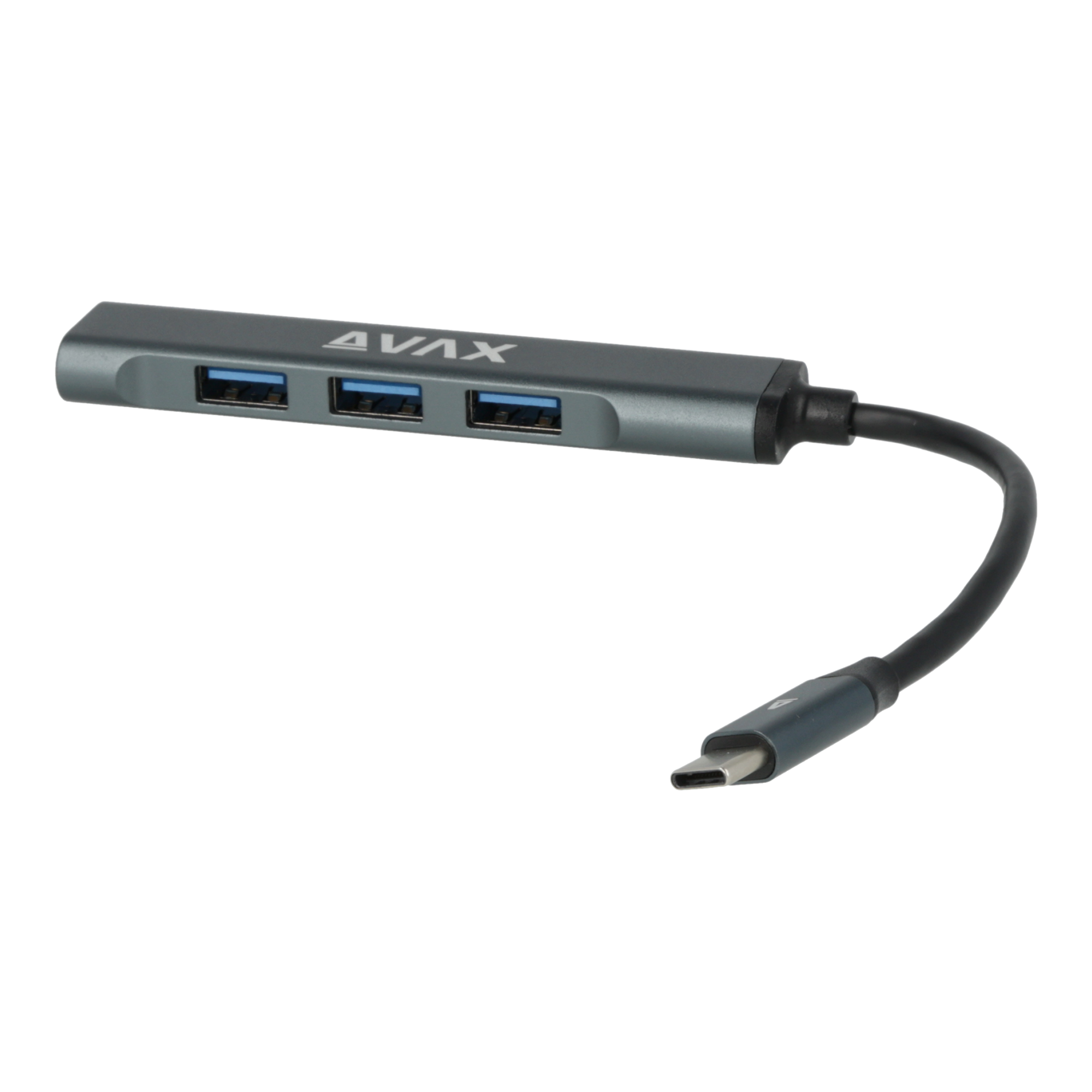 Szürke USB hub 3 USB porttal, USB-C csatlakozóval.