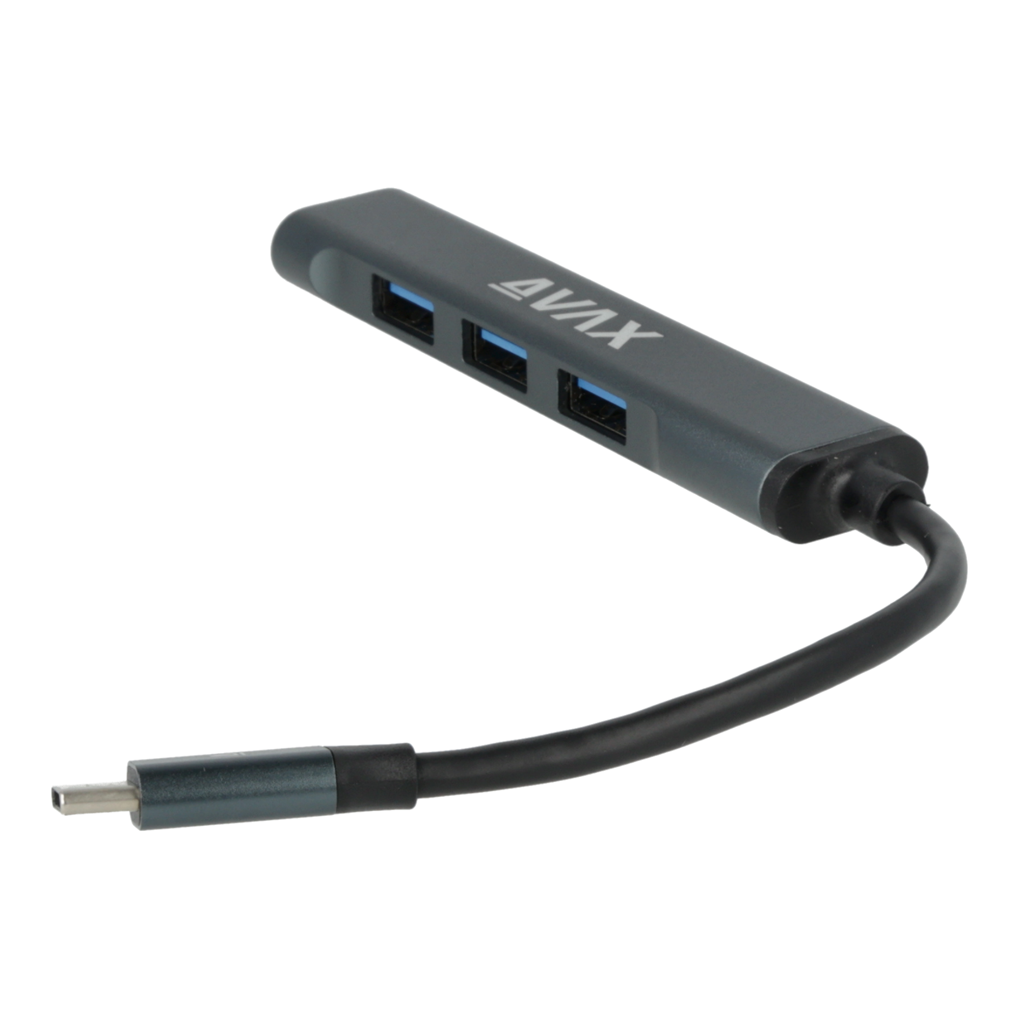 Szürke USB hub 3 USB porttal és USB-C csatlakozóval.