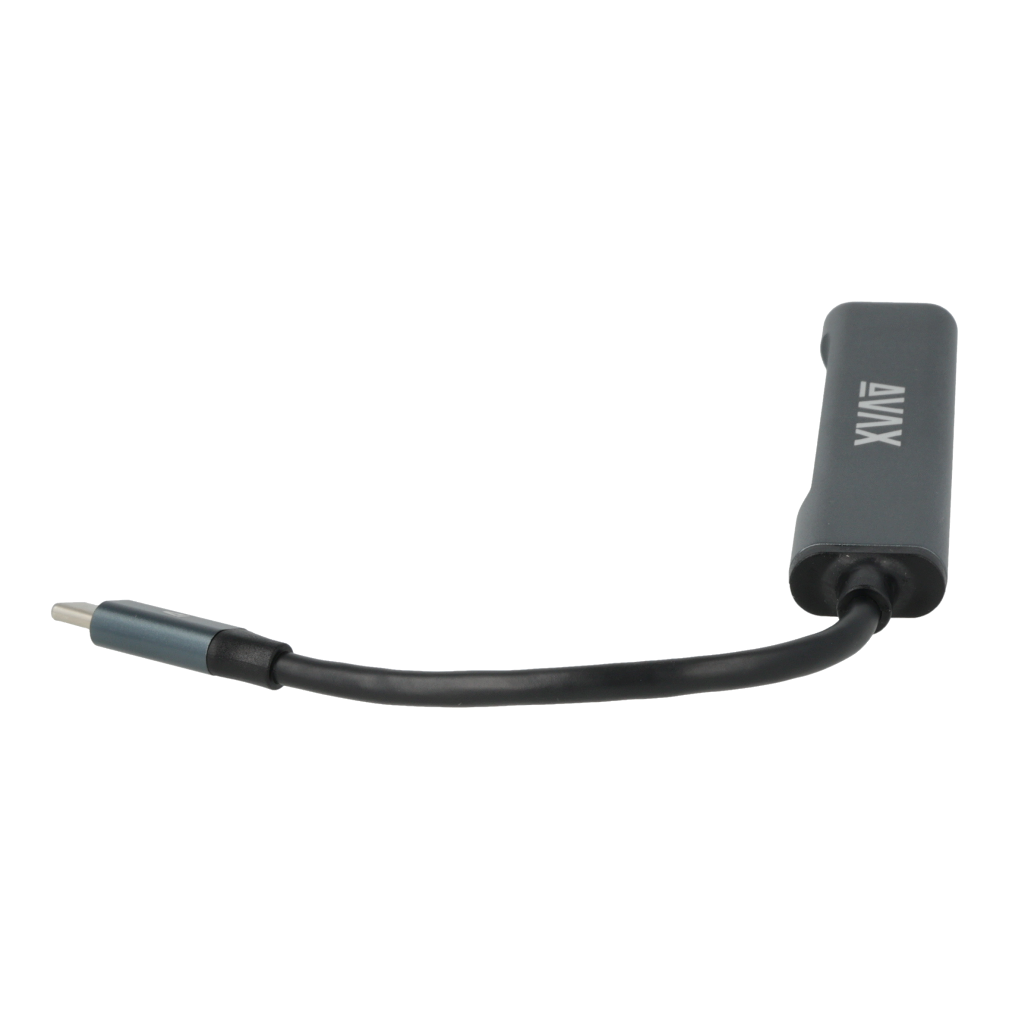 Szürke USB hub USB-C csatlakozóval, fekete háttéren.