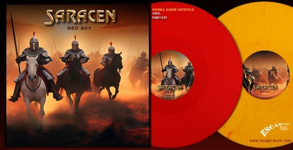 A 'Saracen Red Sky' album borítója. Lovagok lovakon, piros és sárga bakelit lemezek is láthatók.
