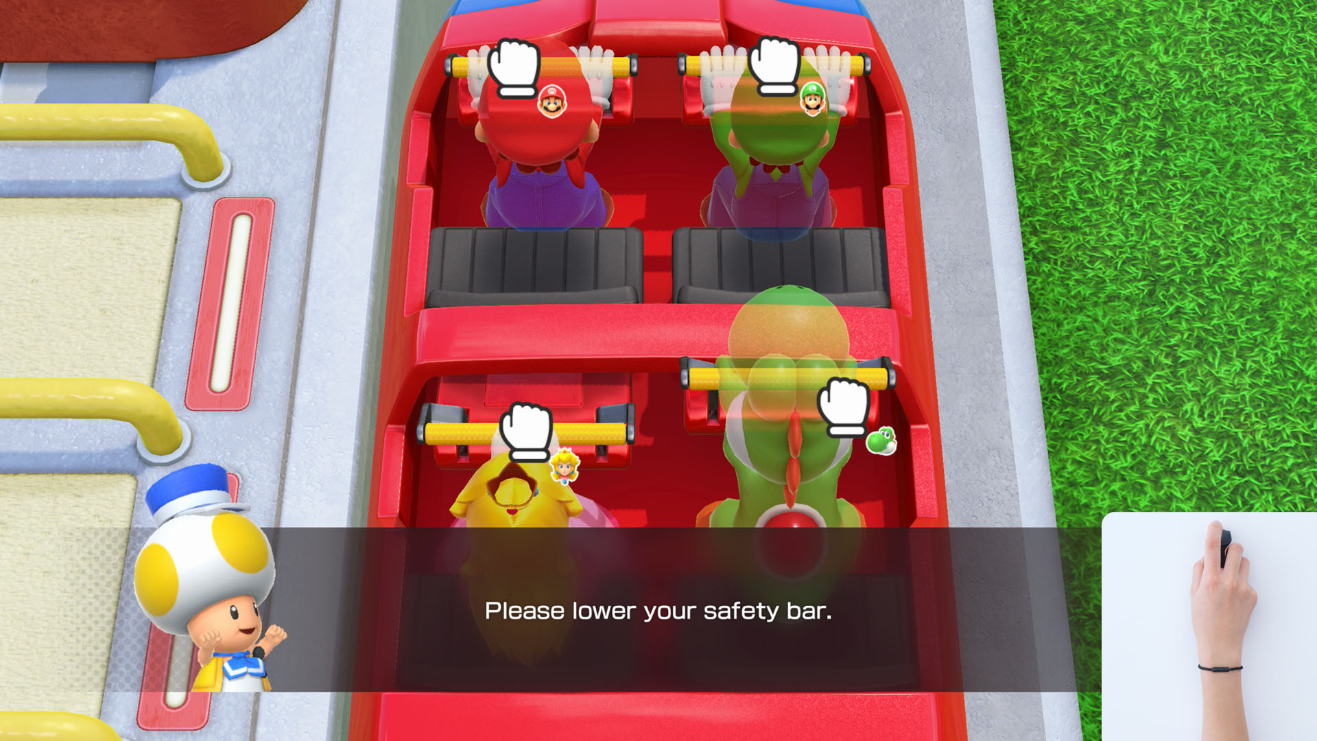 Mario Party oyunu. Karakterler hız treninde, güvenlik talimatlarıyla.