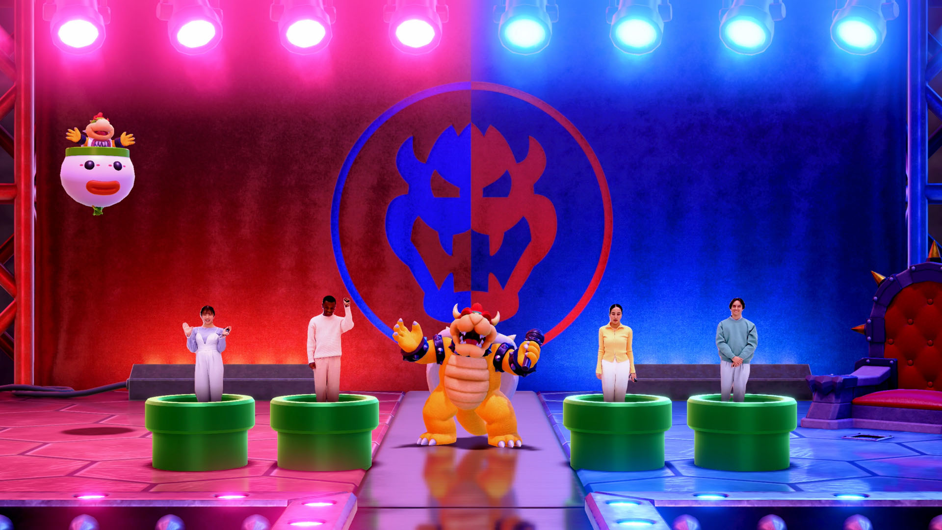 Mario Party oyunu. Yeşil borularda karakterlerle sahnede Bowser.