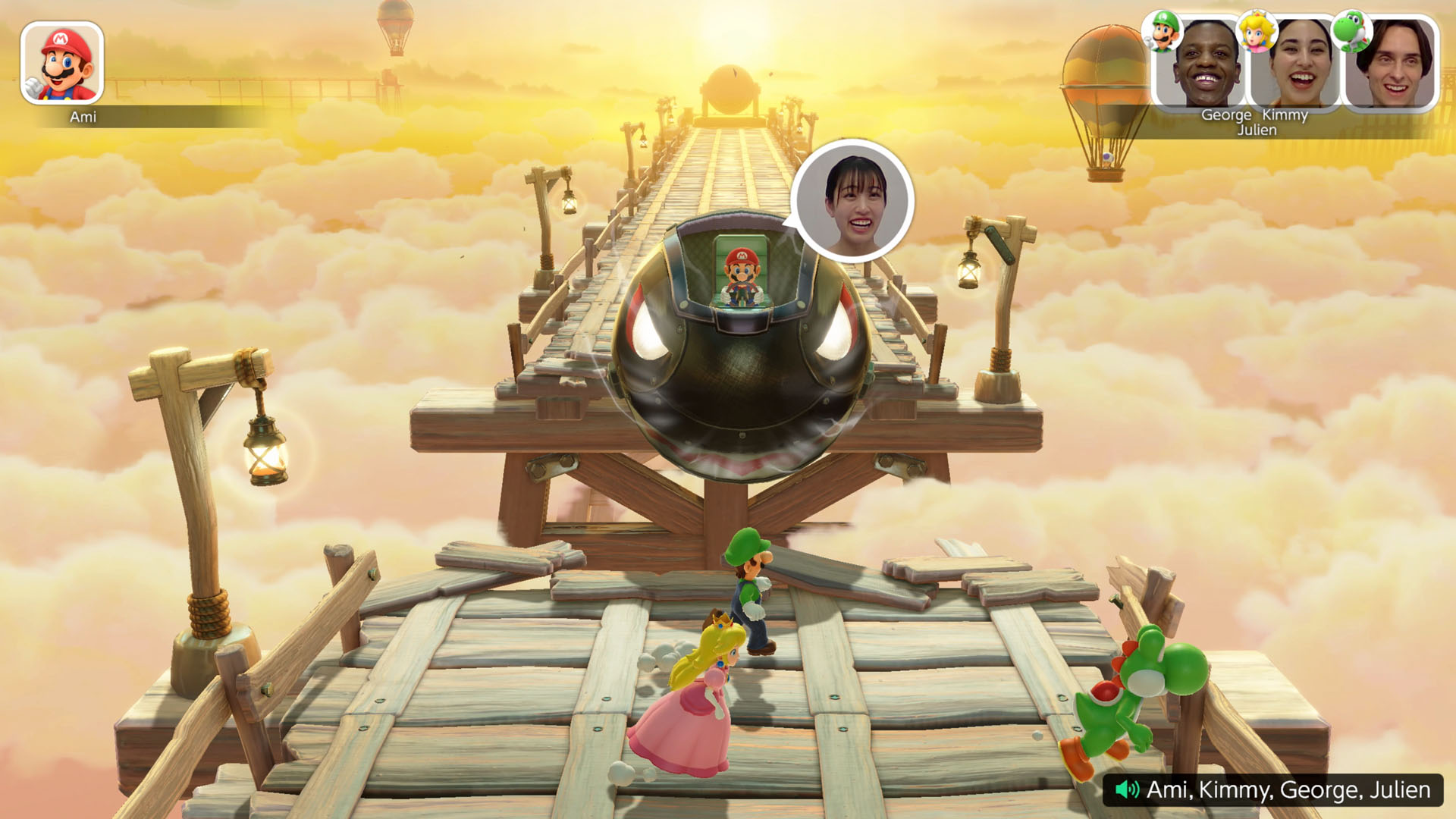 Mario Party oyunu. Gökyüzünde bir köprüde karakterler, Mermi Bill ile.