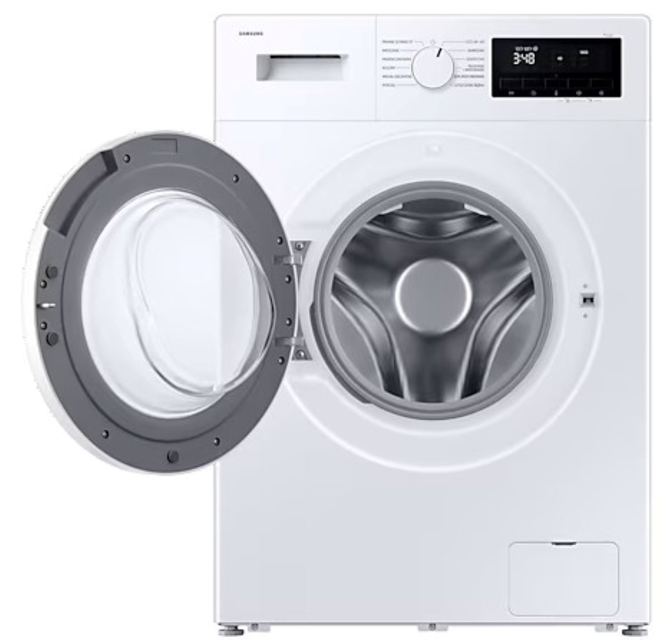 Biała pralka Samsung z otwartymi drzwiami. Pokazuje bęben, panel sterowania i czas wyświetlany na ekranie.