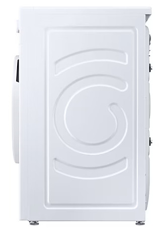 Widok z boku białej pralki. Posiada teksturowany panel i okrągłe drzwi. Cztery nóżki podpierają urządzenie.
