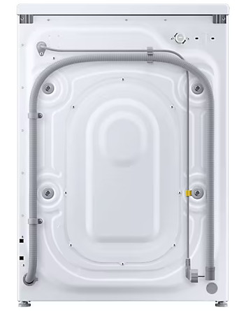 Tył białej pralki. Dołączone są szare węże i rury. Widoczne są niektóre żółte i szare detale.