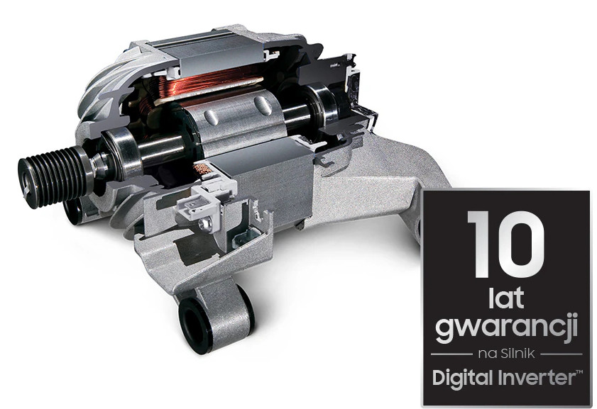 Przekrój silnika z miedzianymi cewkami. Czarny znak wskazuje 10 lat gwarancji na silnik Digital Inverter.