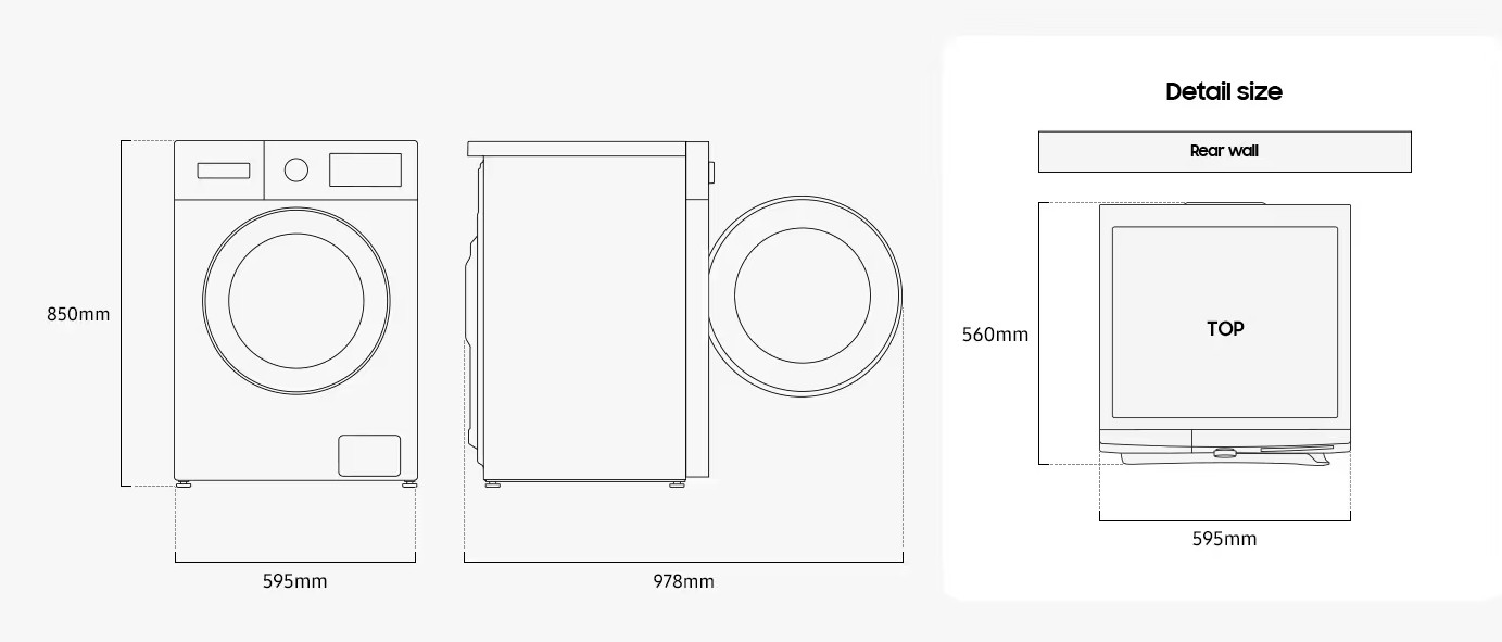 Schemat pralki pokazujący widoki z przodu, z boku i z góry z wymiarami. Zawiera sekcję szczegółowego rozmiaru.