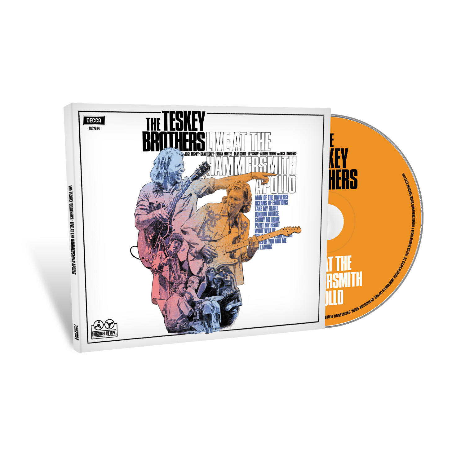Albumcover mit CD. Zwei Männer mit Gitarren und andere Figuren mit Text: LIVE AT THE HAMMERSMITH APOLLO.