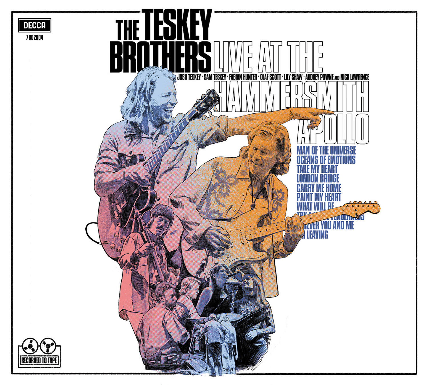 Albumcover. Zwei Männer mit Gitarren und andere Figuren mit Text: LIVE AT THE HAMMERSMITH APOLLO.