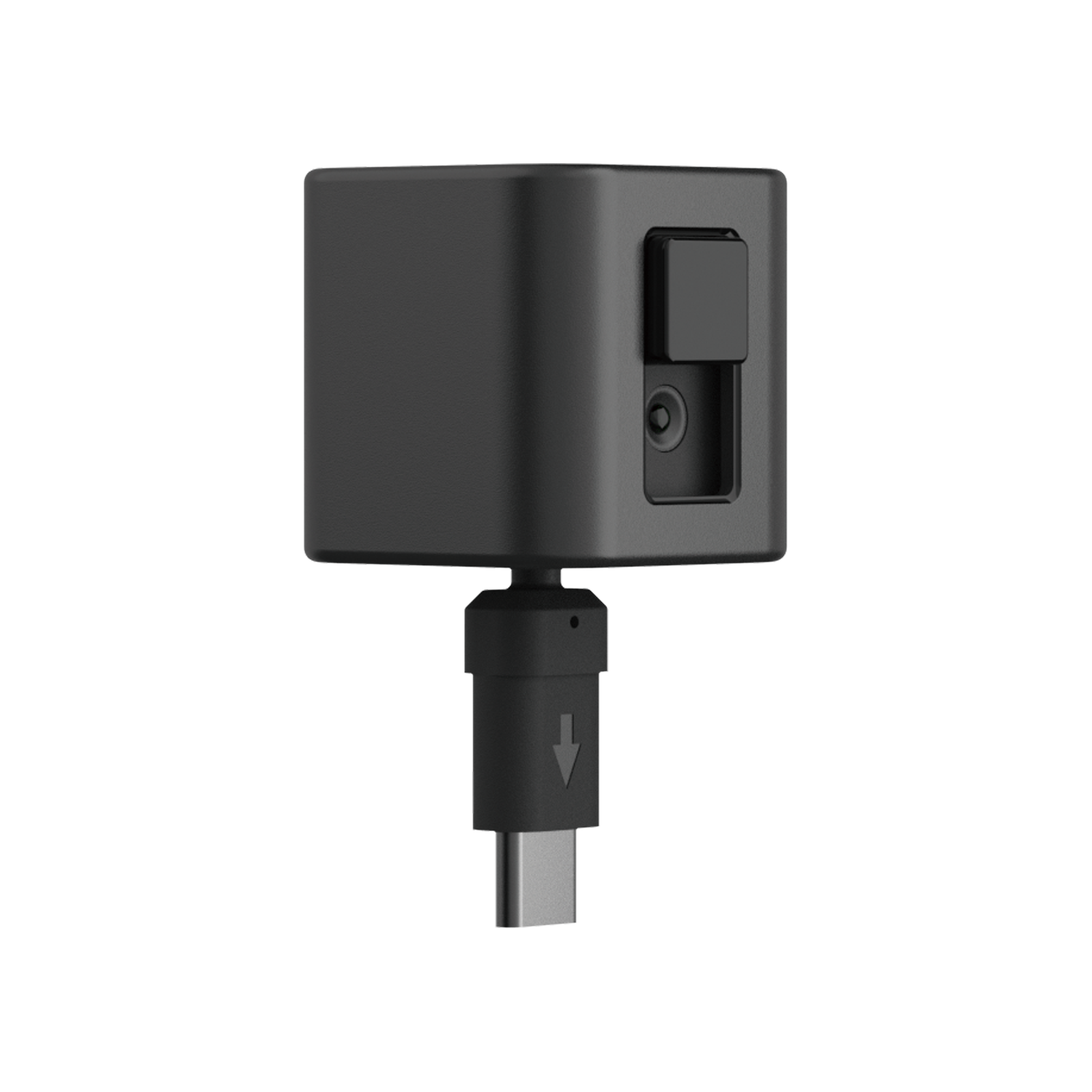 USB-C kablolu siyah kare bir cihaz. Bir düğmesi ve küçük bir kamera bağlantı noktası var.