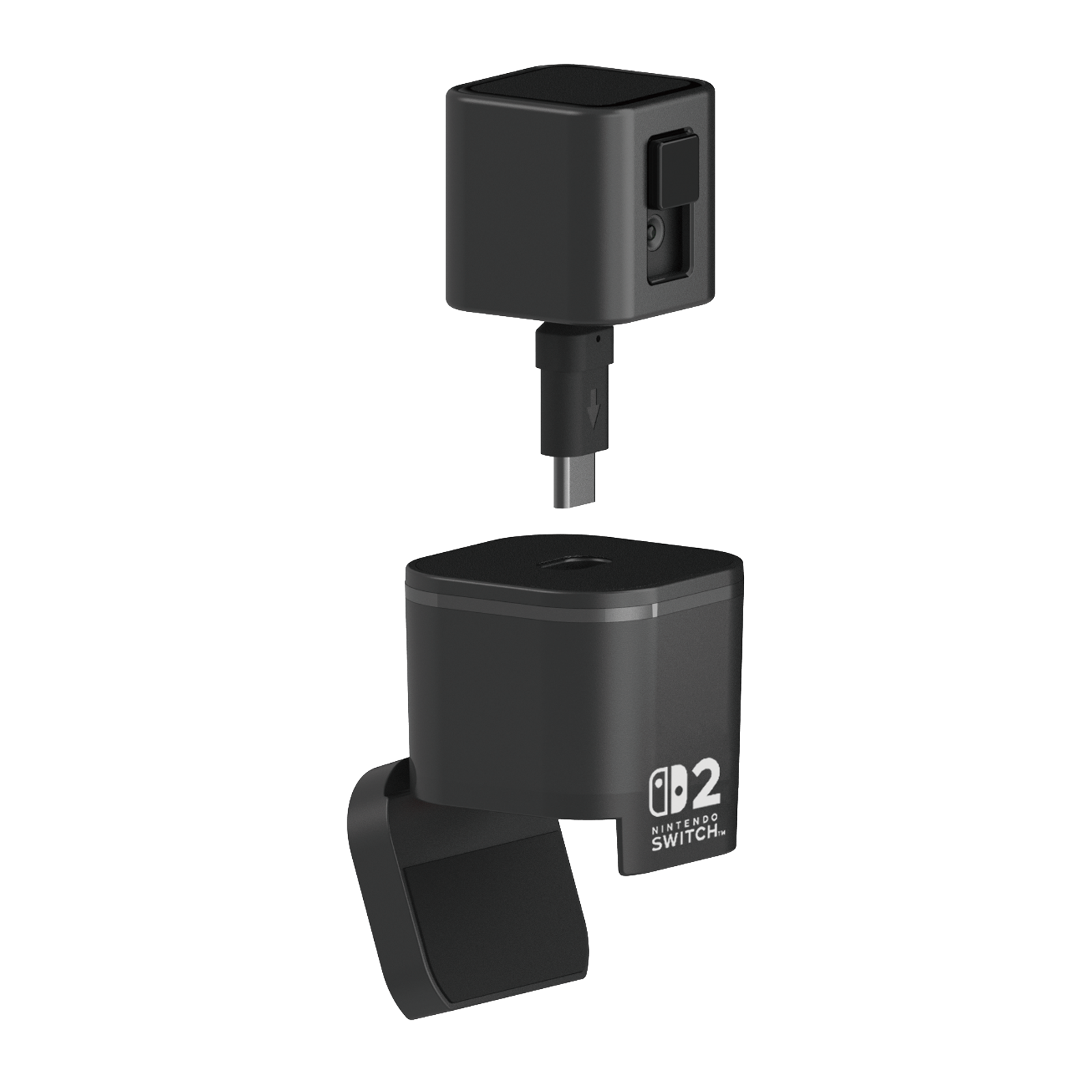 USB-C kablolu, biri diğerinin üzerinde iki siyah Nintendo Switch kamera cihazı.