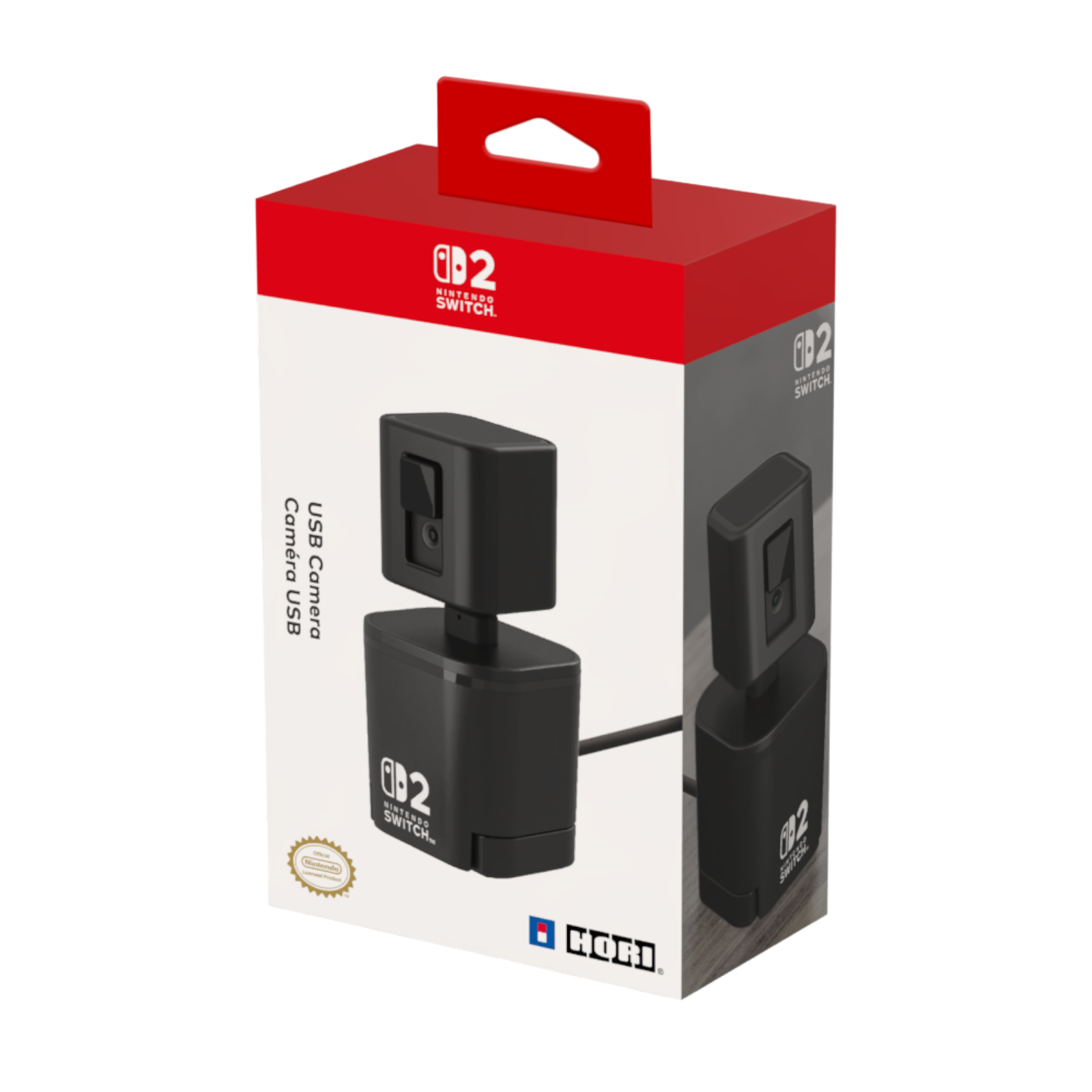 Nintendo Switch USB kamera için ürün ambalajı. Kırmızı bir kutuda siyah bir kamera.