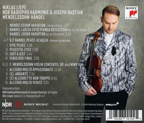 CD-Cover: ein Mann hält eine Violine, Noten. Text: 'Mendelssohn-Händel'.