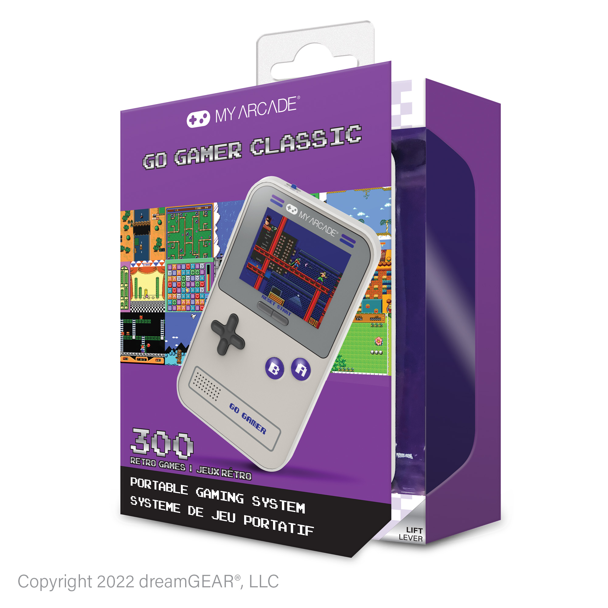 Bir Go Gamer Classic kutusu. Kutu, beyaz bir el oyun konsoluyla mor renktedir. '300 Retro Oyun' yazıyor.