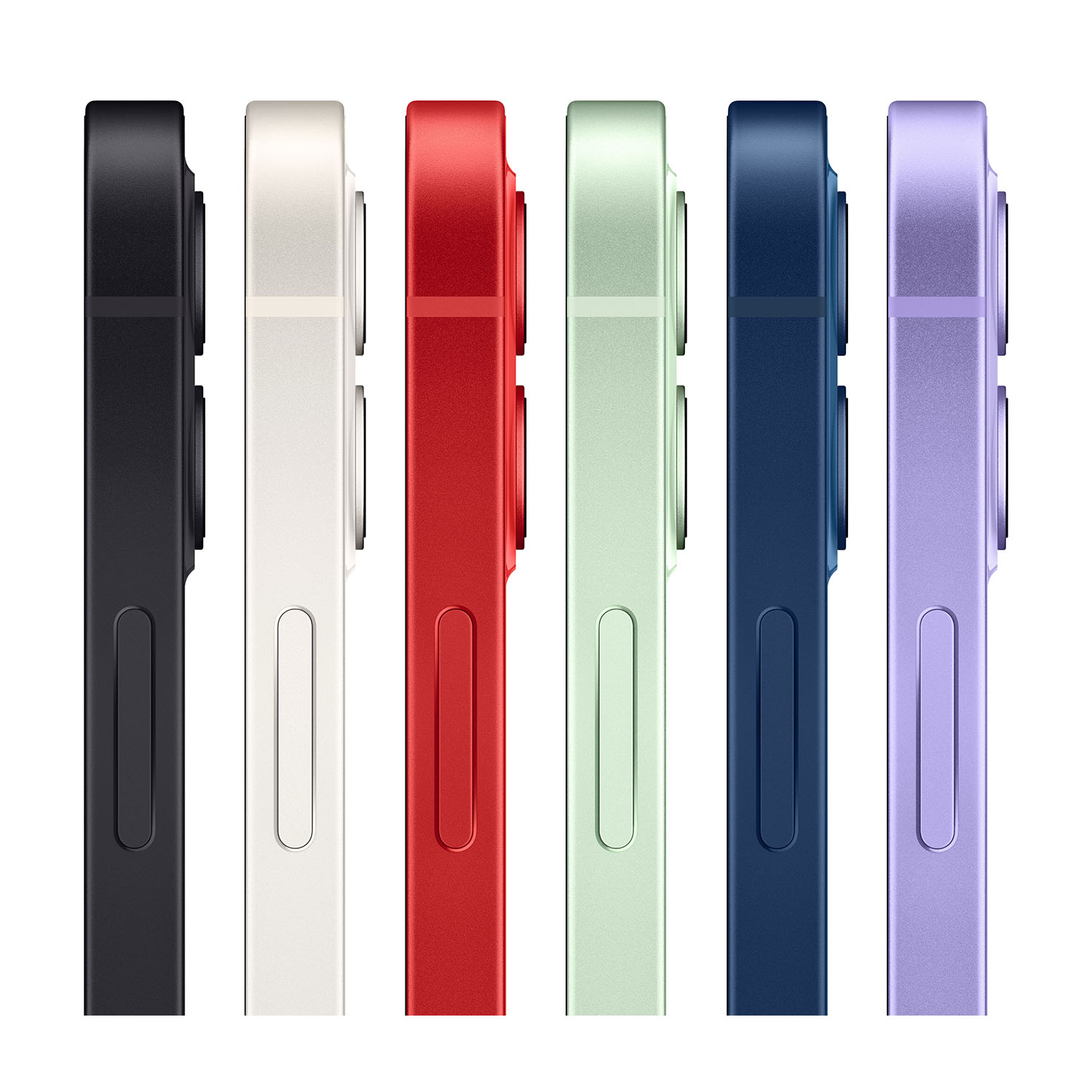 Sei smartphone colorati vista laterale: nero, bianco, rosso, verde, blu e viola, disposti verticalmente.