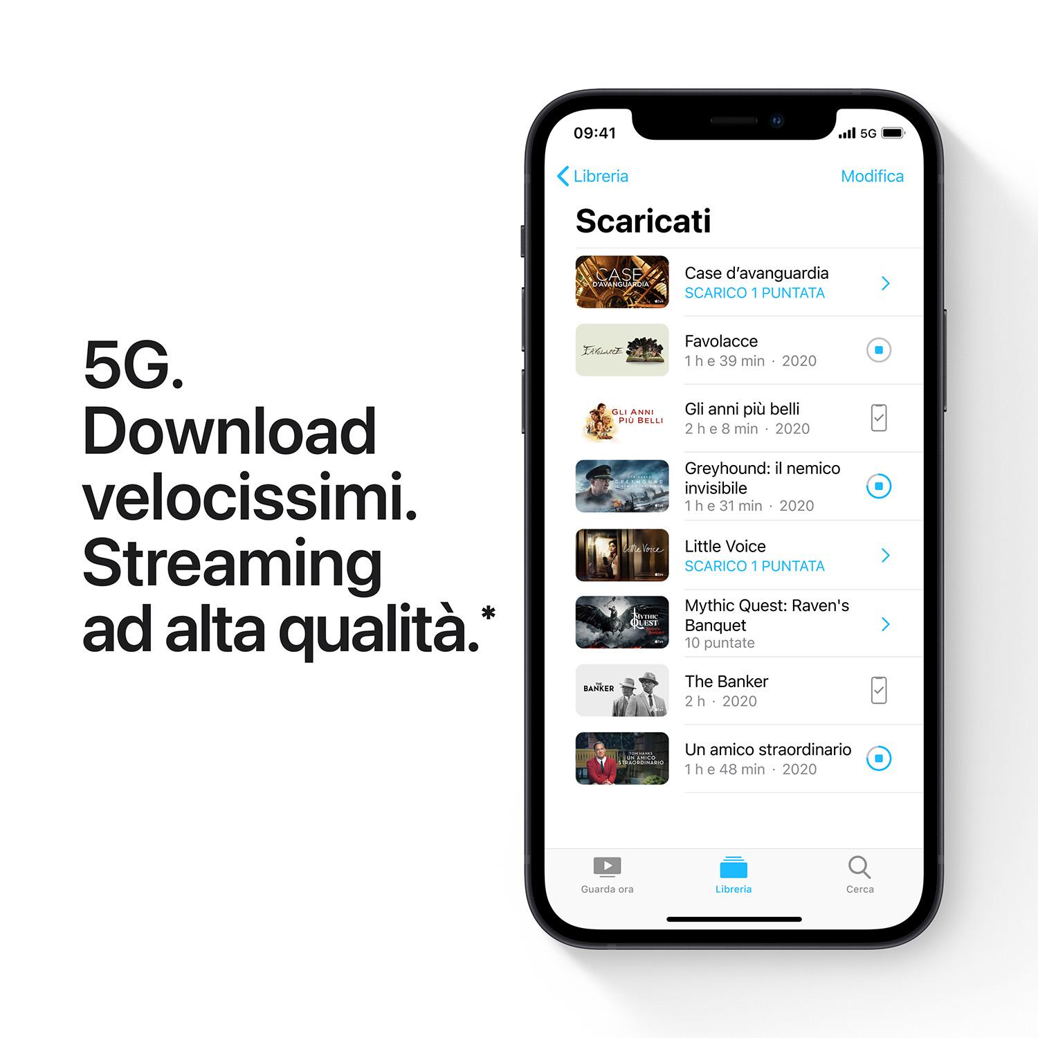iPhone nero che mostra elenco download con testo '5G. Download molto veloce. Streaming in alta qualità.'