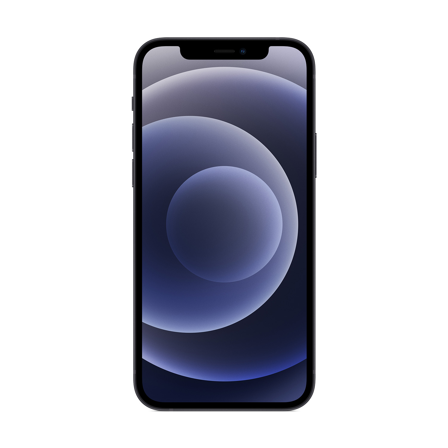 iPhone nero con schermo che mostra una sfumatura blu e bianca su sfondo bianco.
