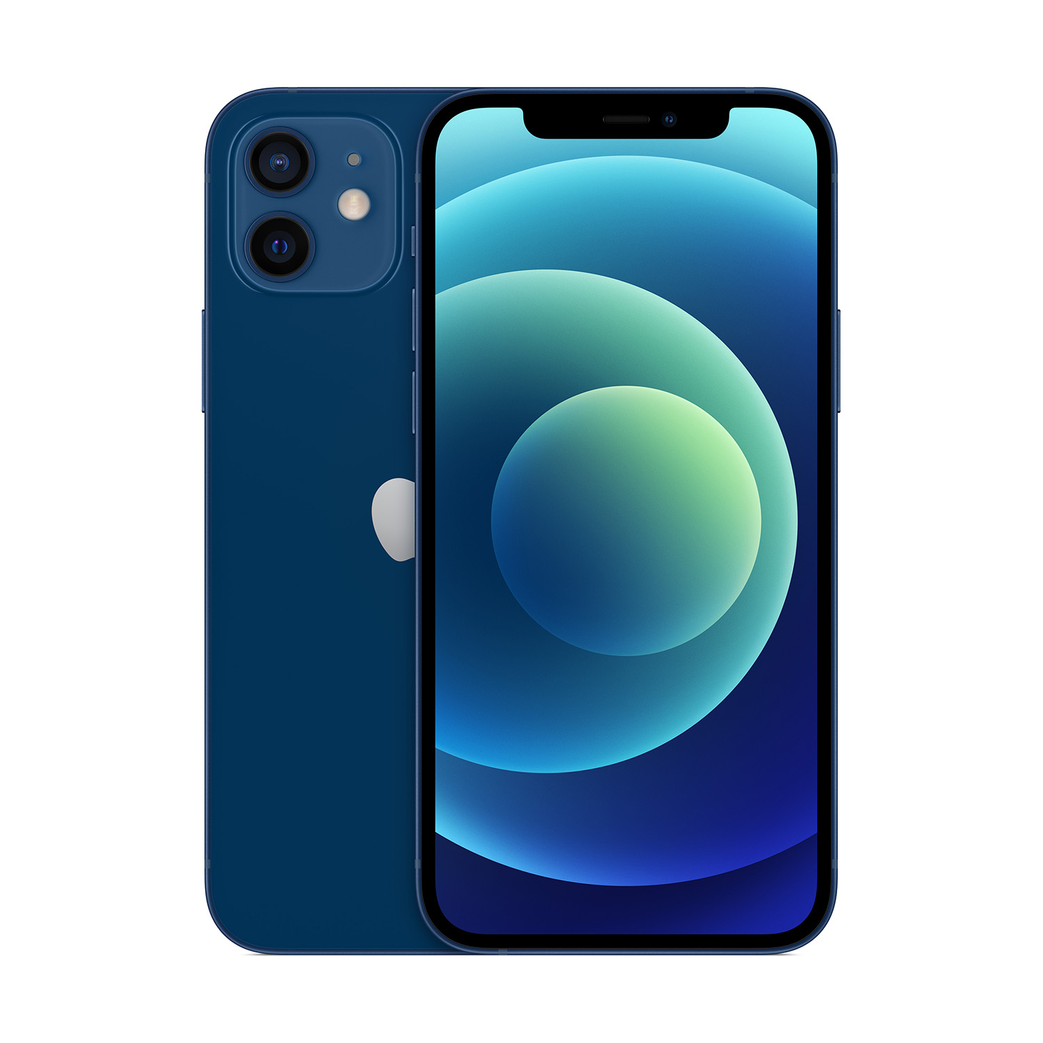 Uno smartphone blu che mostra la parte anteriore e posteriore. Lo schermo anteriore mostra uno sfondo astratto blu e verde acqua.