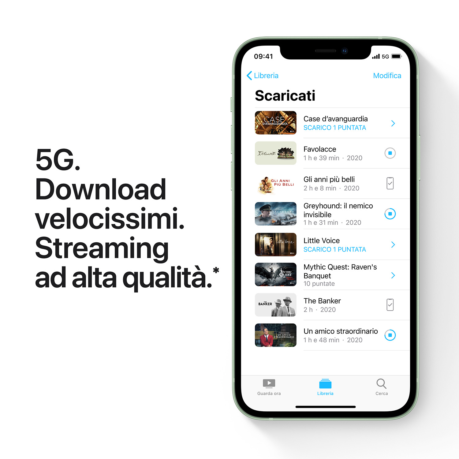 Uno schermo di iPhone mostra libri scaricati e un testo a sinistra che dice '5G. Download veloce'.