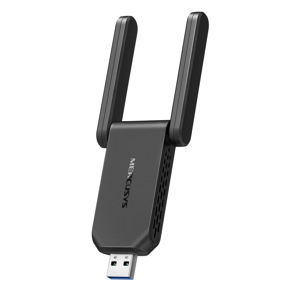 Beyaz zemin üzerinde yukarı doğru iki anteni olan siyah MERCUSYS USB WiFi adaptörü.