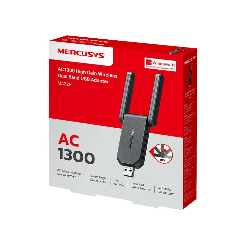 Bir Mercusys AC1300 USB adaptör kutusu. Antenleri olan ürünü gösterir. Metin 'AC1300', 'Windows 11' ve 'Dual Band' içerir.