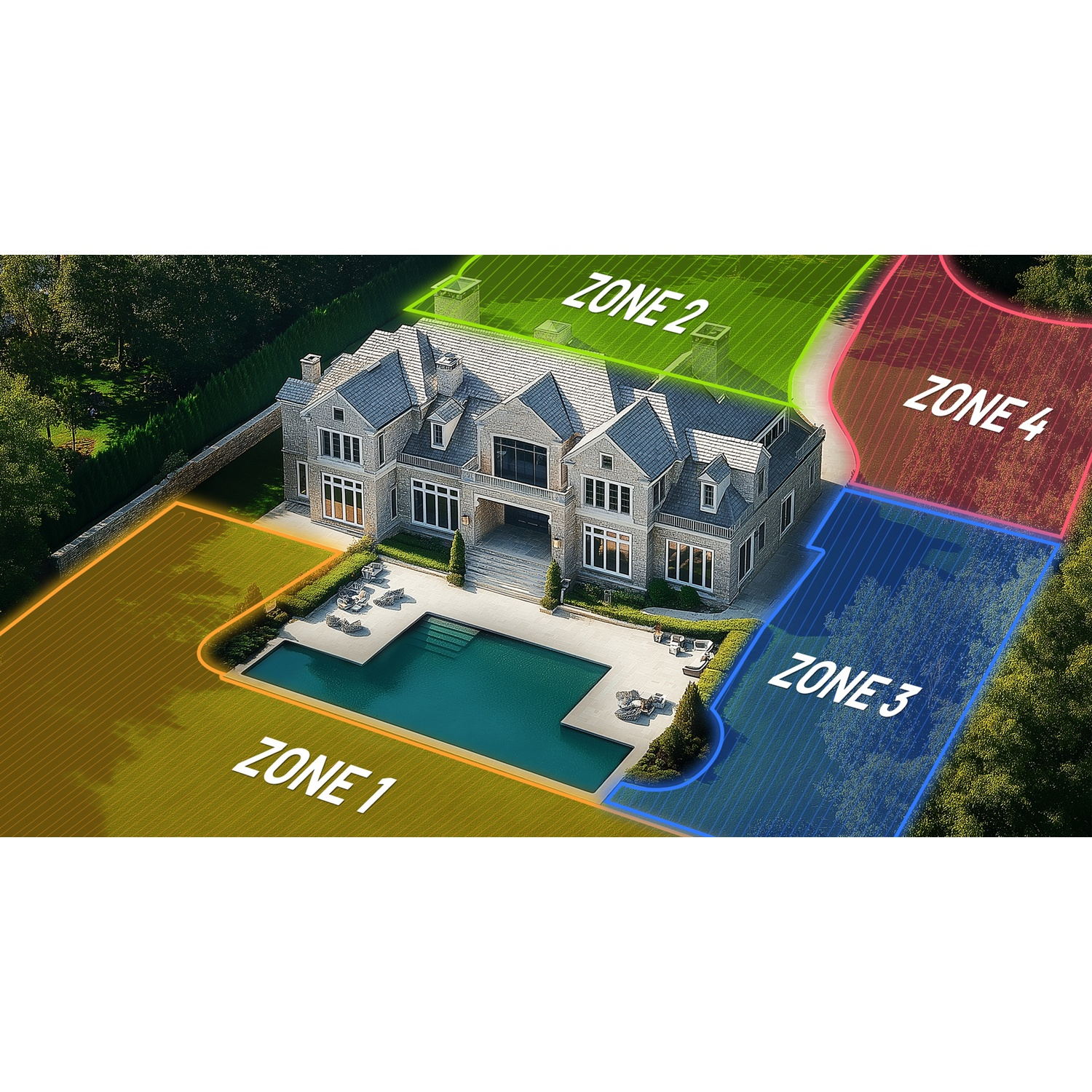 Grande casa con piscina, divisa in zone. Sovrapposizioni colorate mostrano le zone di irrigazione: verde, rosso, blu e arancione.