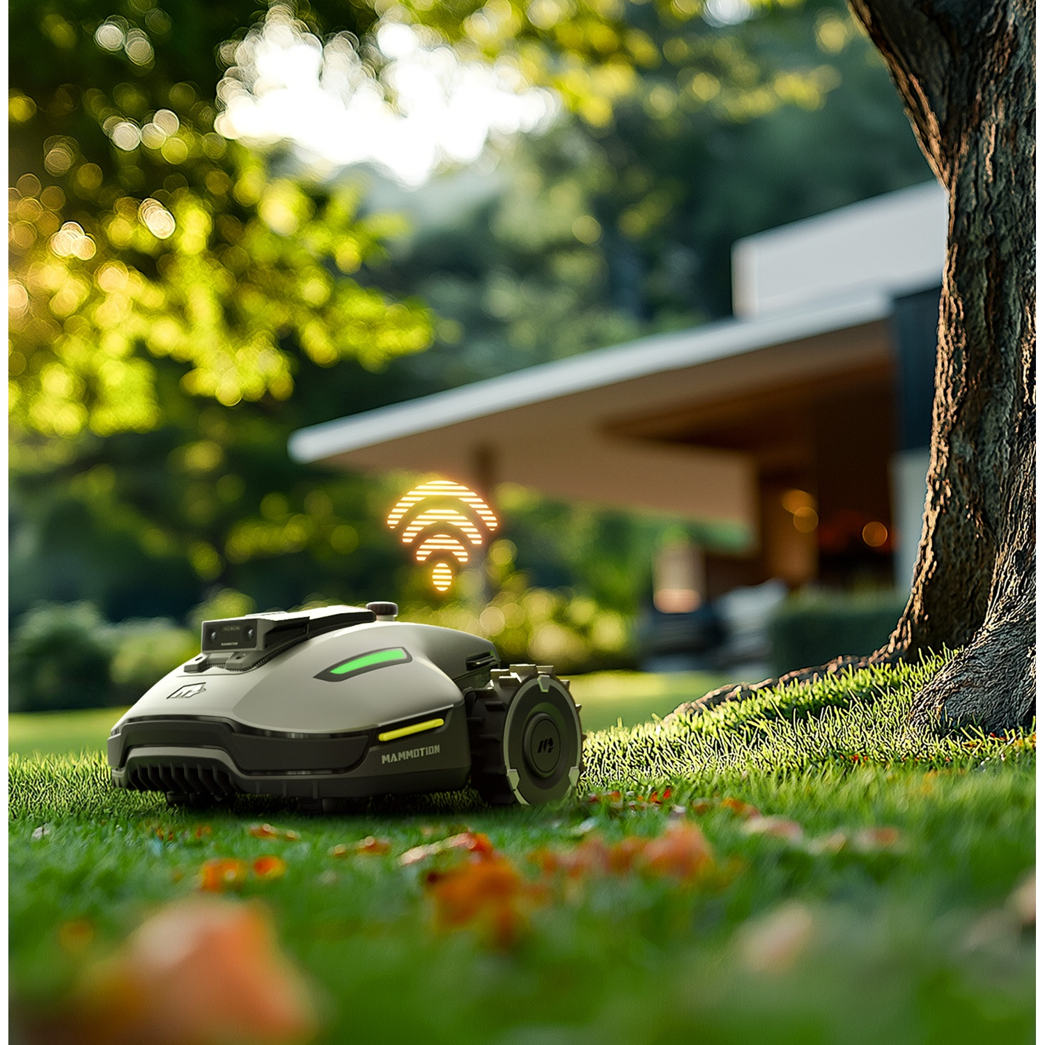 Robot tosaerba sull'erba vicino a un albero, casa sullo sfondo con icona segnale wifi.