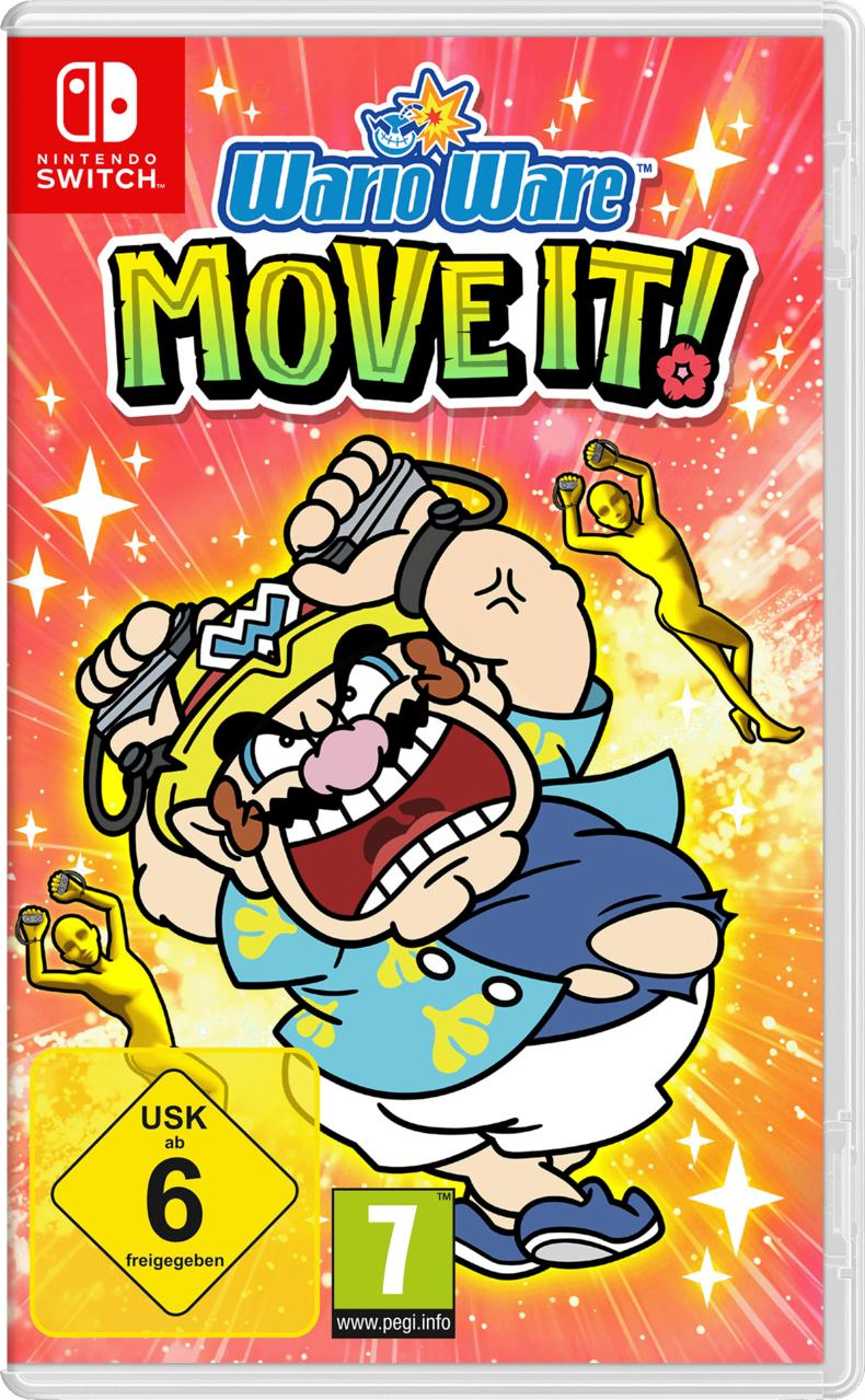 WarioWare Move It! Nintendo Switch Spielbox. Mit Wario, gelben Figuren und farbigem Text auf Weiß.