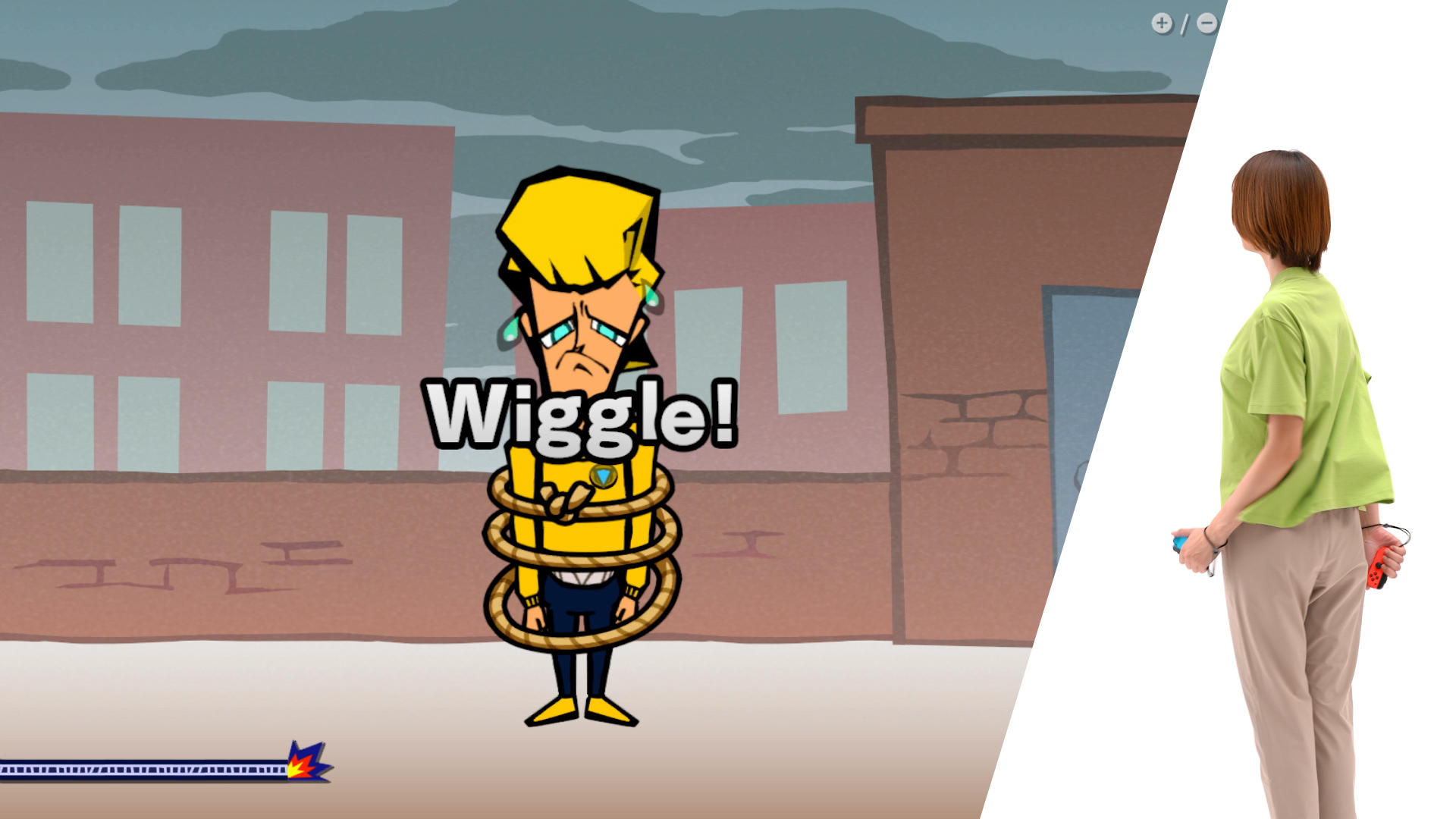 Zeichentrickfigur mit Seil gefesselt und dem Wort "Wiggle!". Frau mit grünem Hemd und Hose hält Spielcontroller.