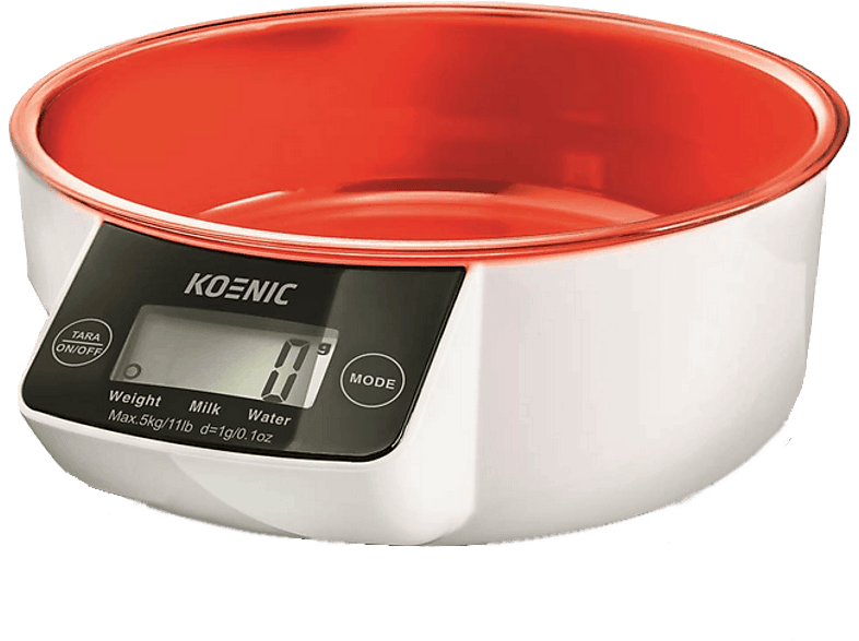Balanza de cocina - KOENIC KSS 3220, Hasta 5 kg, Función tara, Forma bol, Gris/Rojo