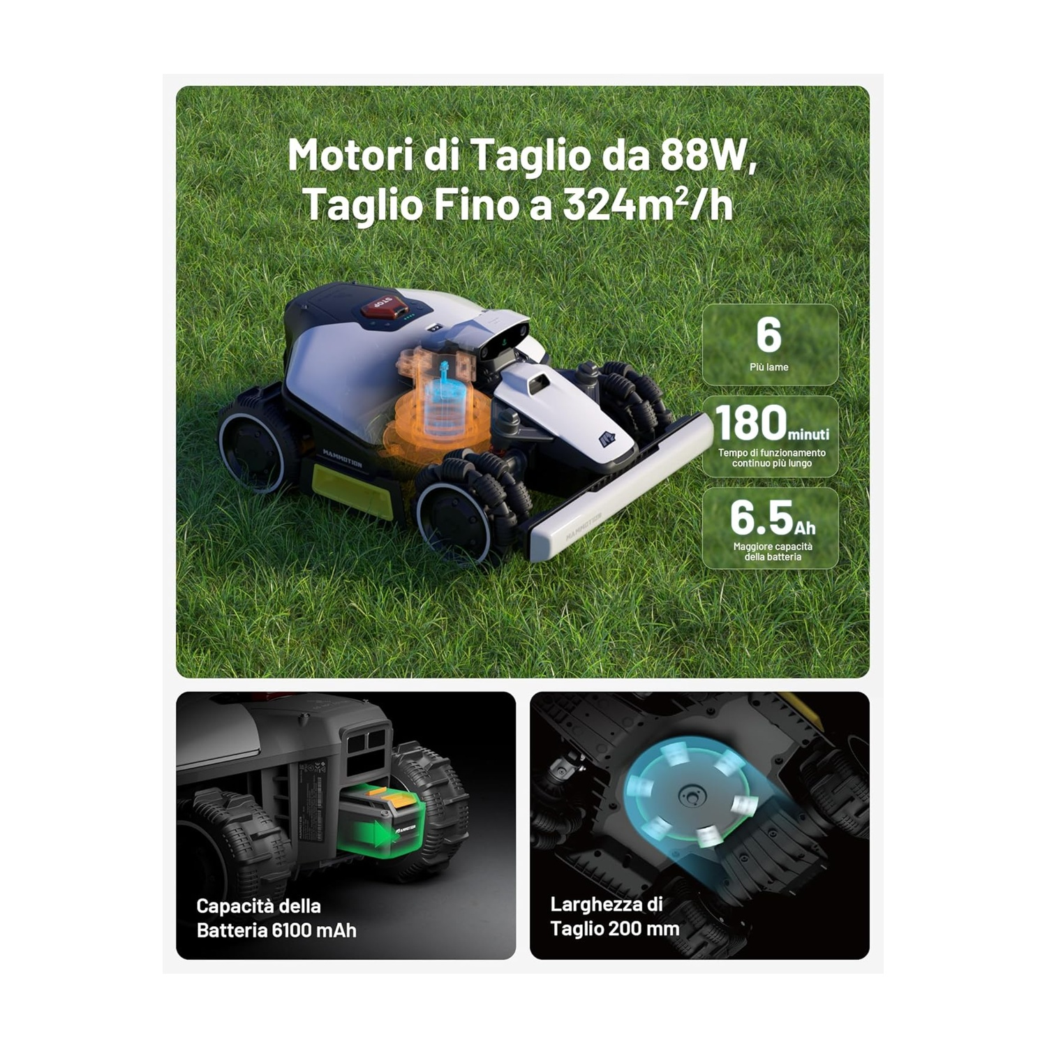 Primo piano di un robot tagliaerba con testo sulle sue caratteristiche: motori di taglio, lame, batteria e larghezza di taglio.