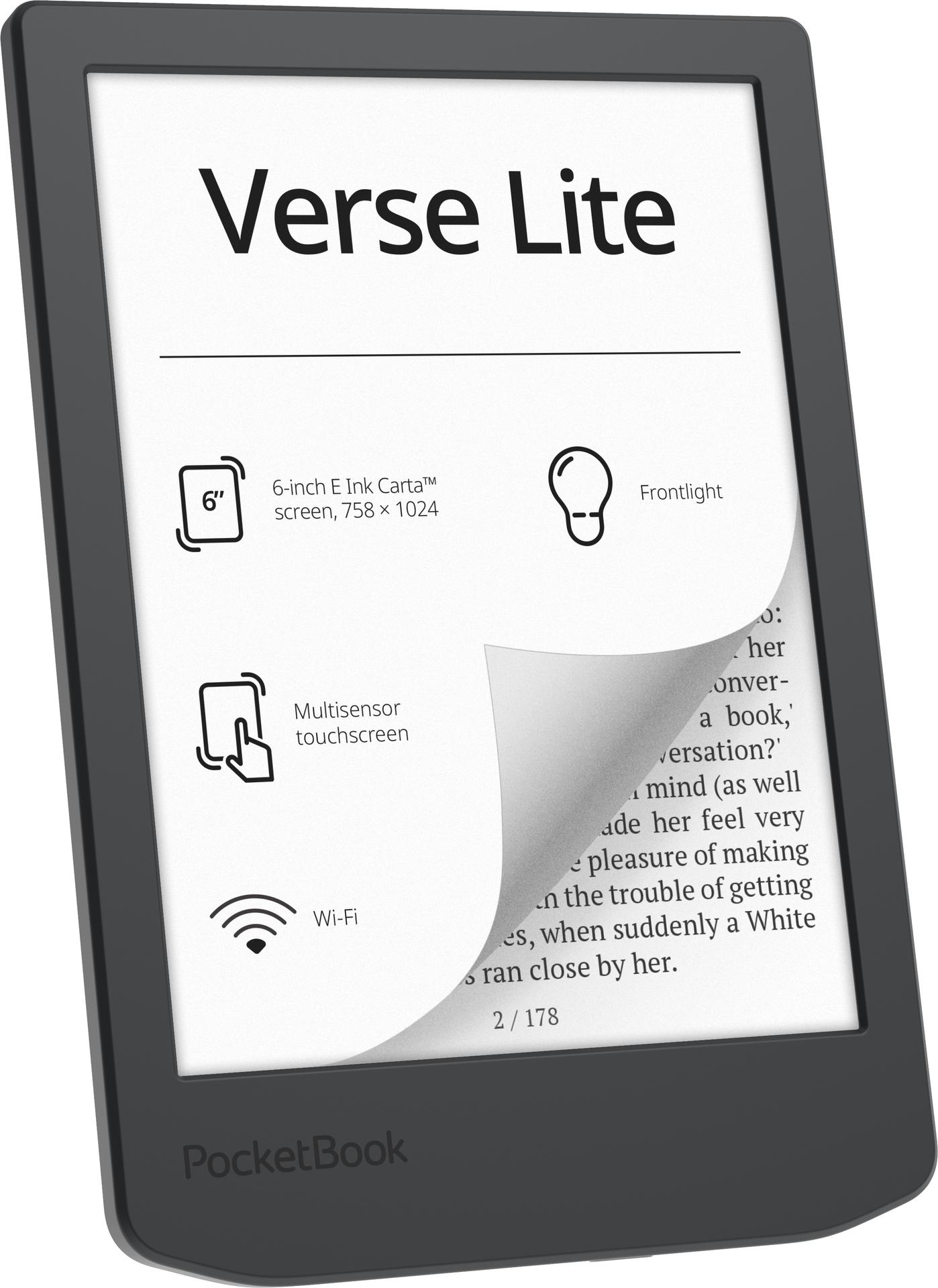 Schwarzer PocketBook Verse Lite E-Reader. Der Bildschirm zeigt Text und Funktionen, inkl. Touchscreen und WLAN.