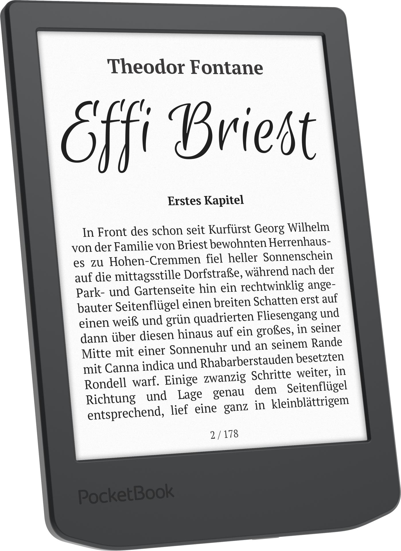 Ein E-Reader zeigt Text aus dem Buch 'Effi Briest' von Theodor Fontane. Das Gerät ist schwarz.