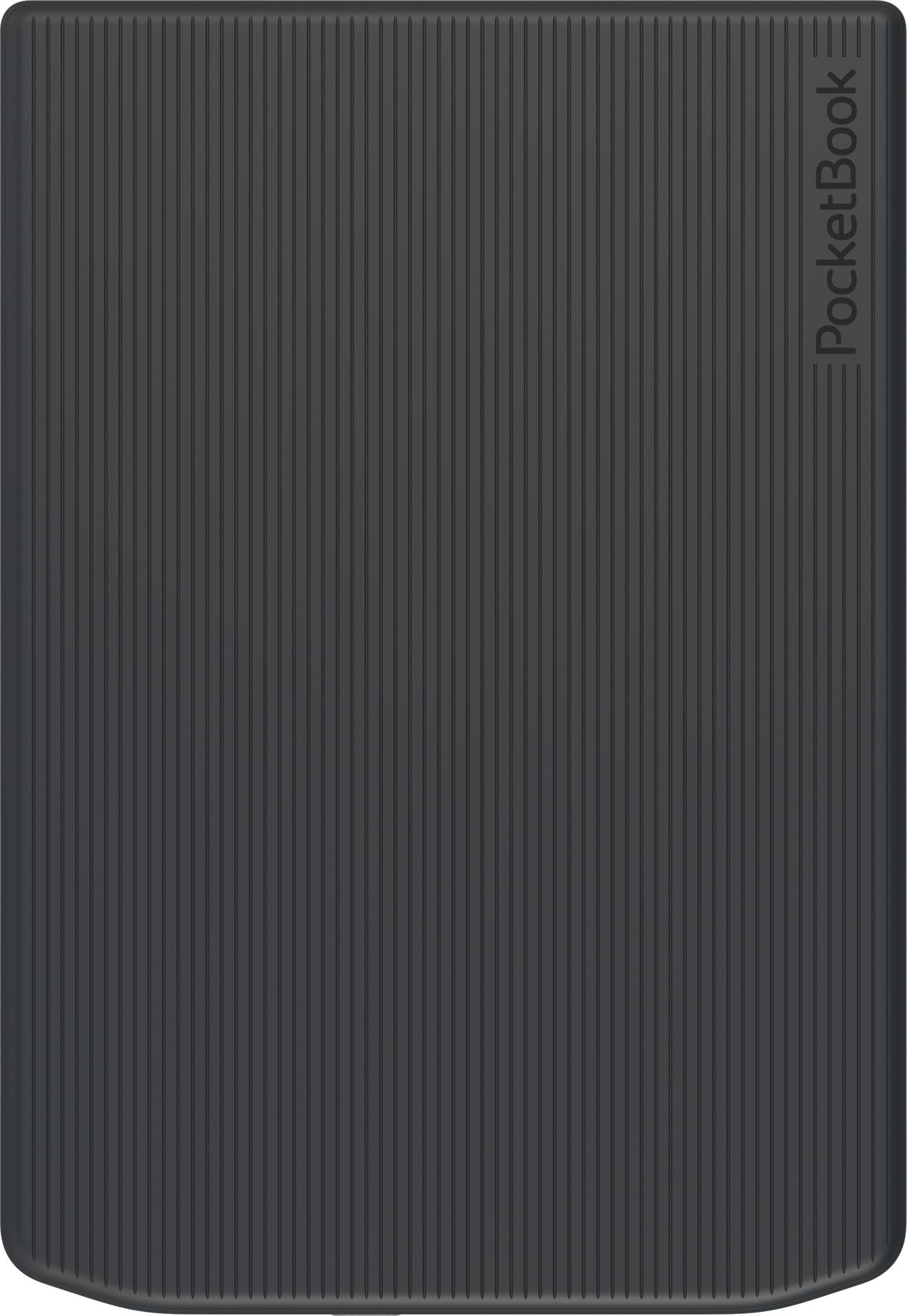 Dunkelgraue PocketBook E-Reader-Abdeckung, strukturierte Oberfläche mit vertikalen Linien. PocketBook-Logo auf der rechten Seite.