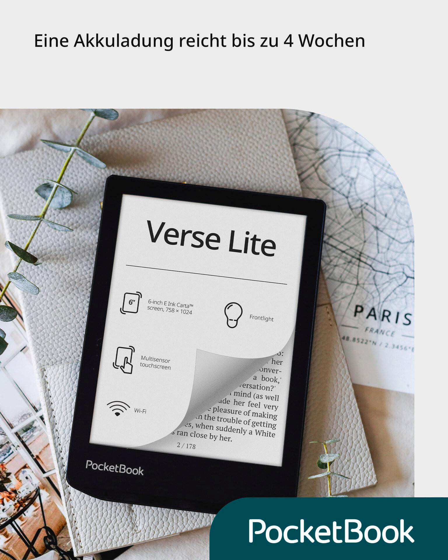 Ein schwarzer E-Reader mit dem Verse Lite Logo. Es zeigt eine Textseite und hat das PocketBook Logo.