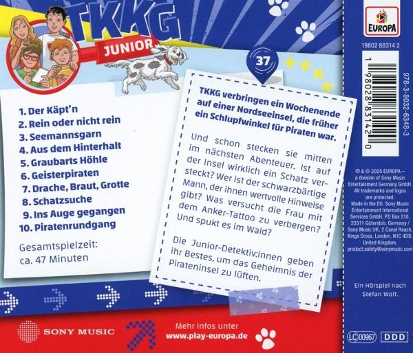 CD-Hülle hinten: TKKG Junior Logo, Episodenliste, Text auf Deutsch. Hintergrund: weiße, blaue und gelbe Sterne.
