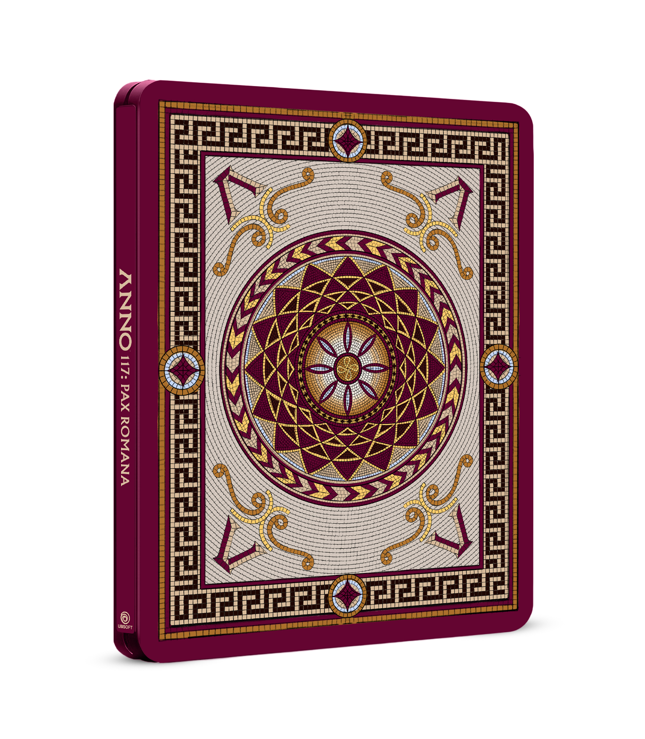 Steelbook-Hülle. Mosaikkunst mit floralem Mittelpunkt, umgeben von geometrischen Mustern.