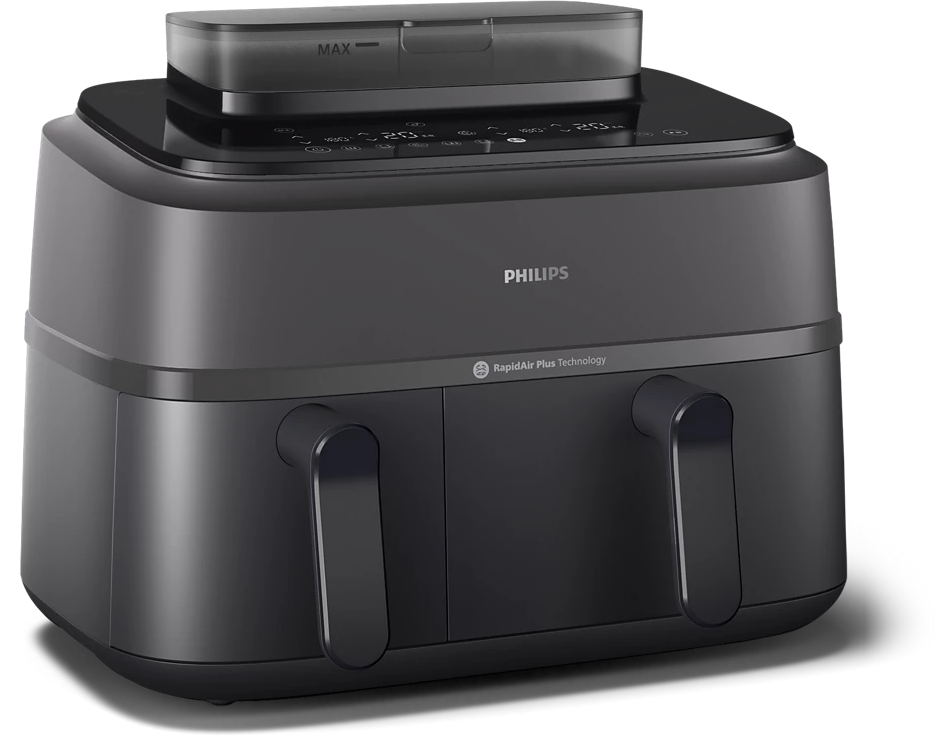 Fekete Philips Airfryer dupla kosárral, digitális kijelzővel és fogantyúval. Rapid Air Plus technológia.