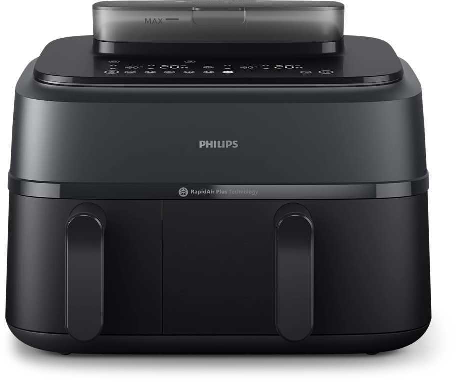 Fekete Philips Airfryer dupla kosárral, digitális kijelzővel és fogantyúval. Rapid Air Plus technológia.