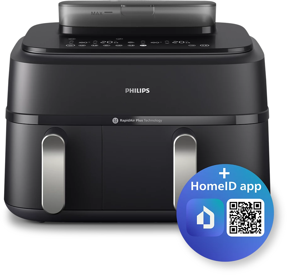 Fekete Philips légkeveréses sütő, ezüst fogantyúkkal, logóval és HomeID alkalmazás ikonnal. Rapid Air Plus technológiával.